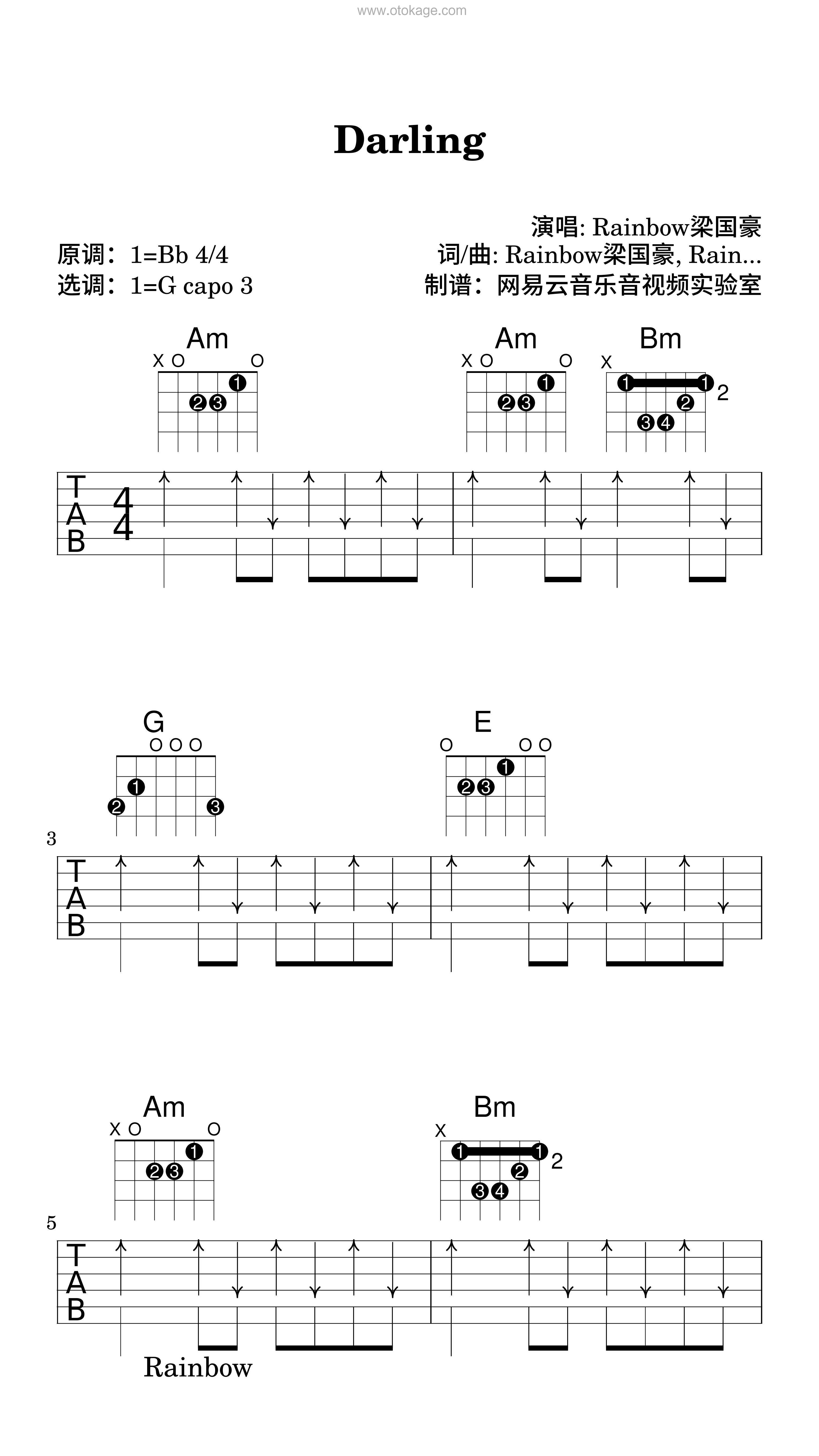 Rainbow梁国豪《Darling (Live版)吉他谱》降B调_音色柔和迷人