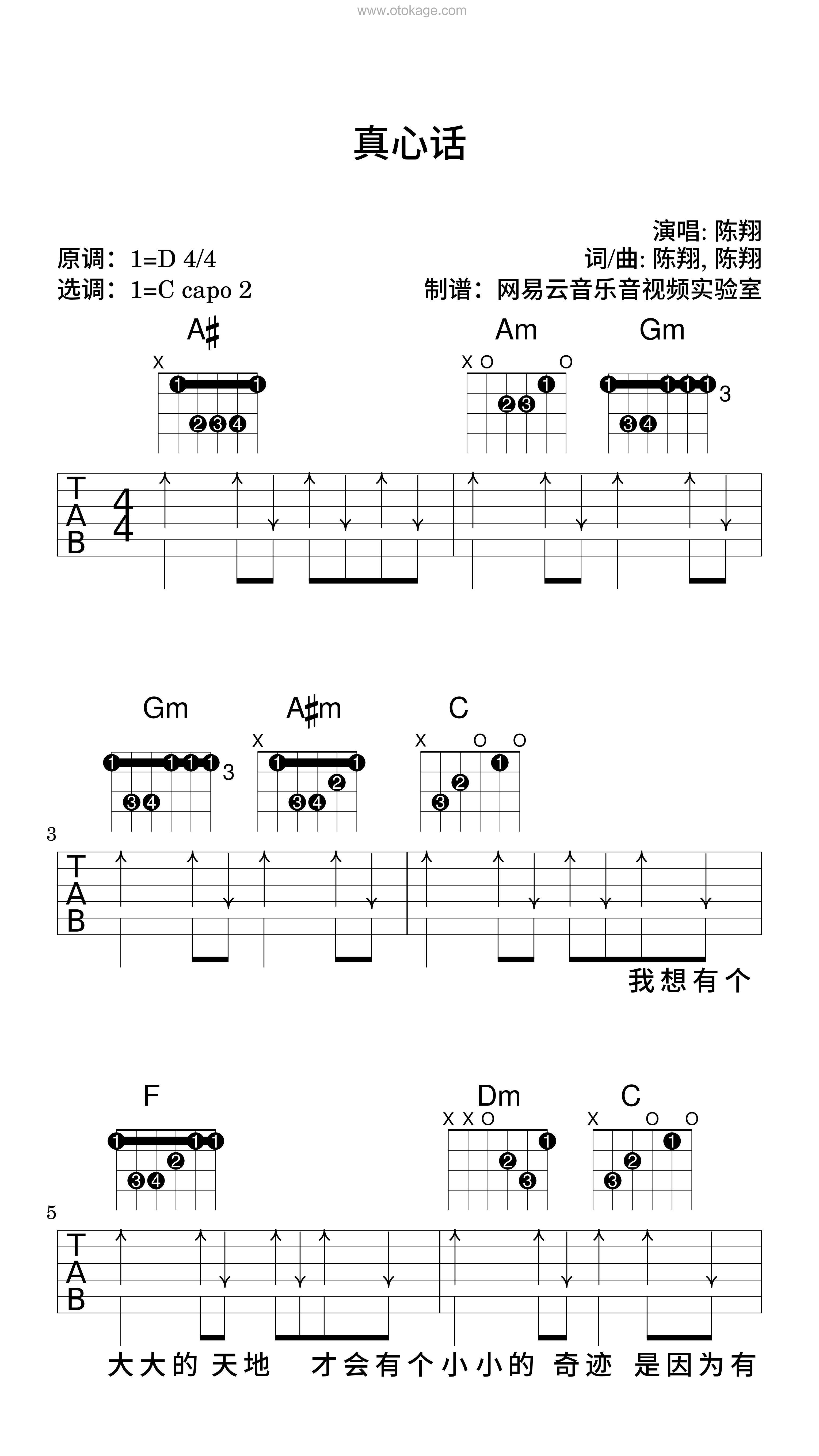 陈翔《真心话吉他谱》D调_音符与情感共鸣