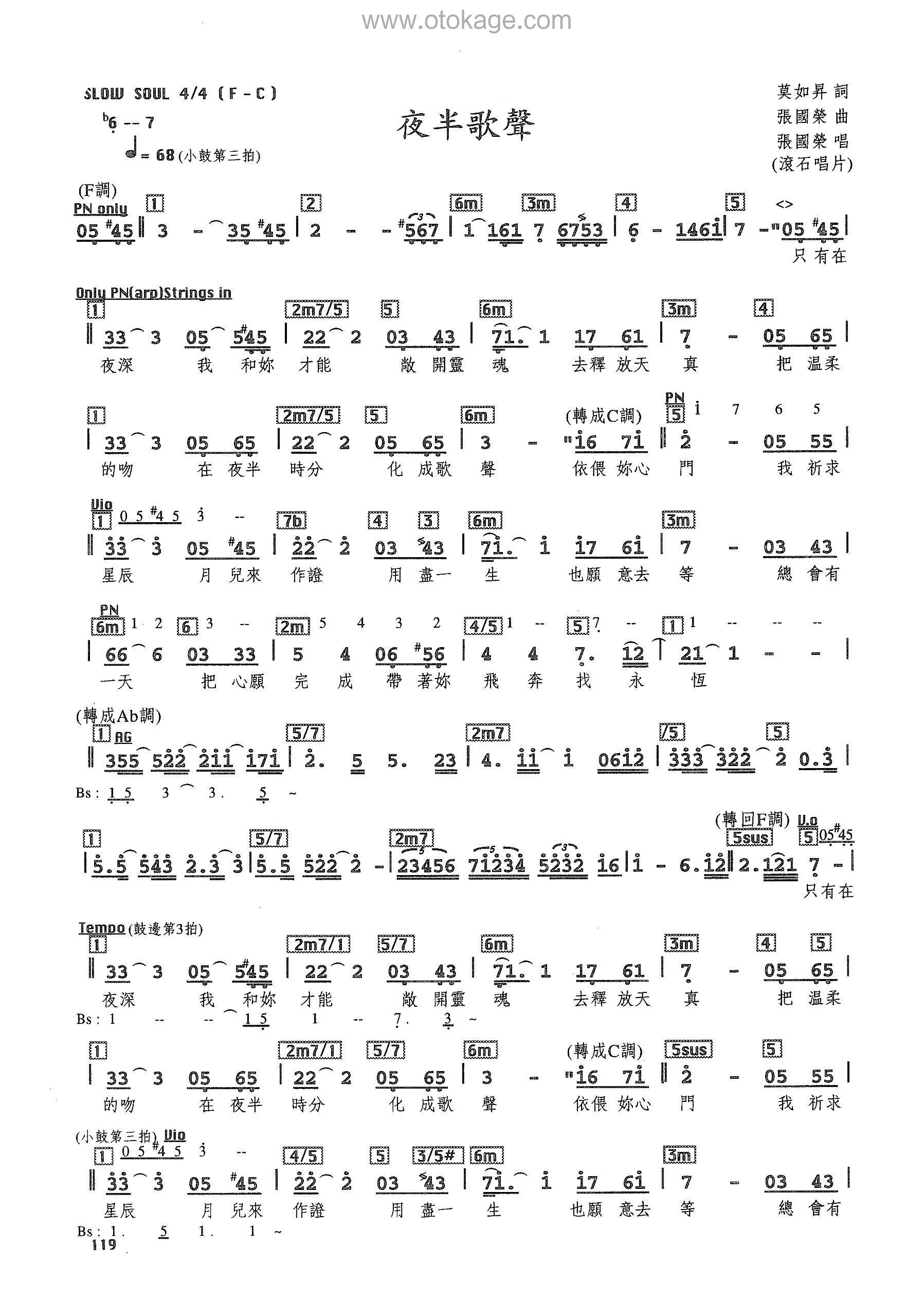 张国荣《夜半歌声人声谱》F调_旋律悦耳动听