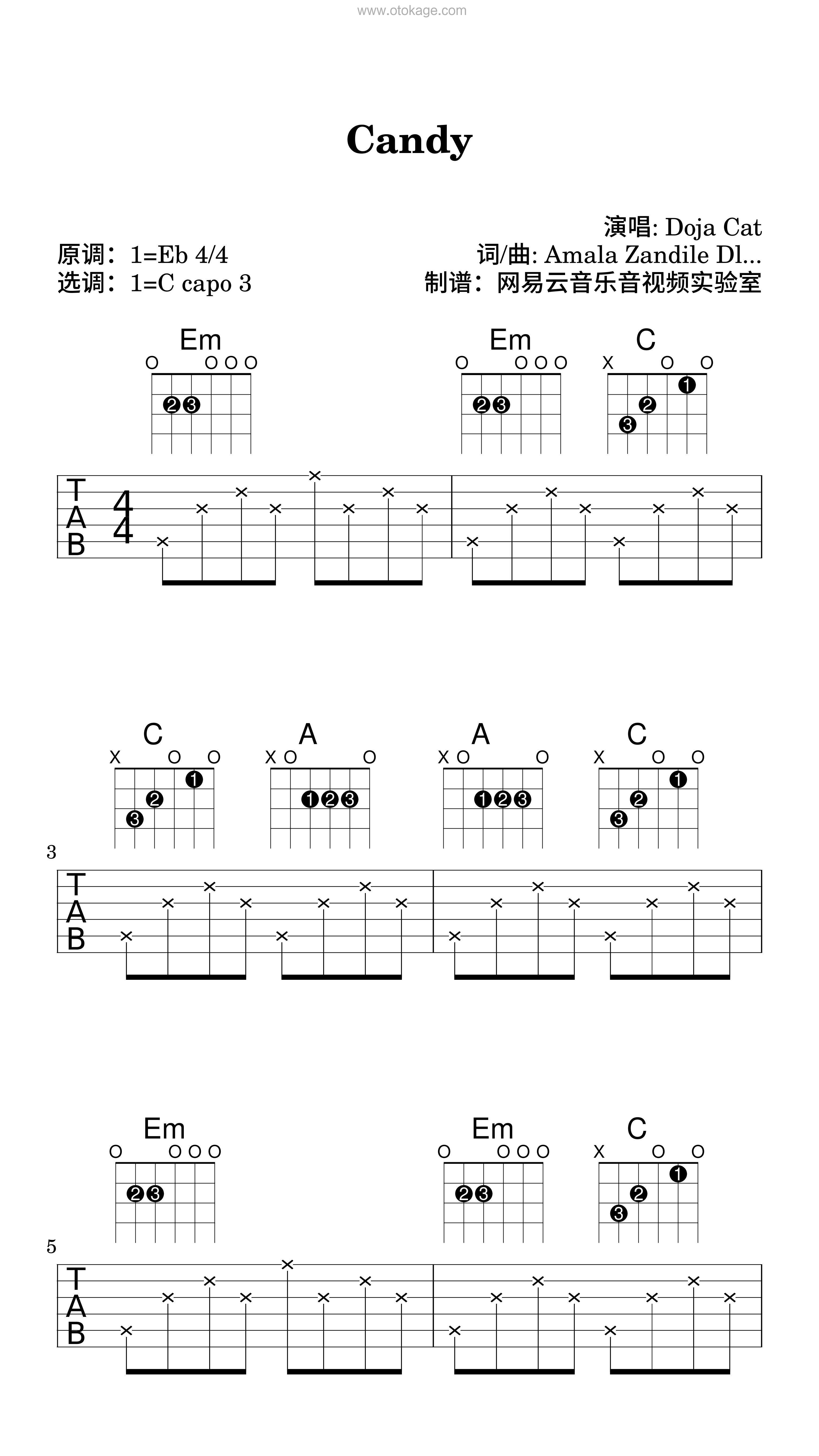 Doja Cat《Candy吉他谱》降E调_旋律抚慰心灵