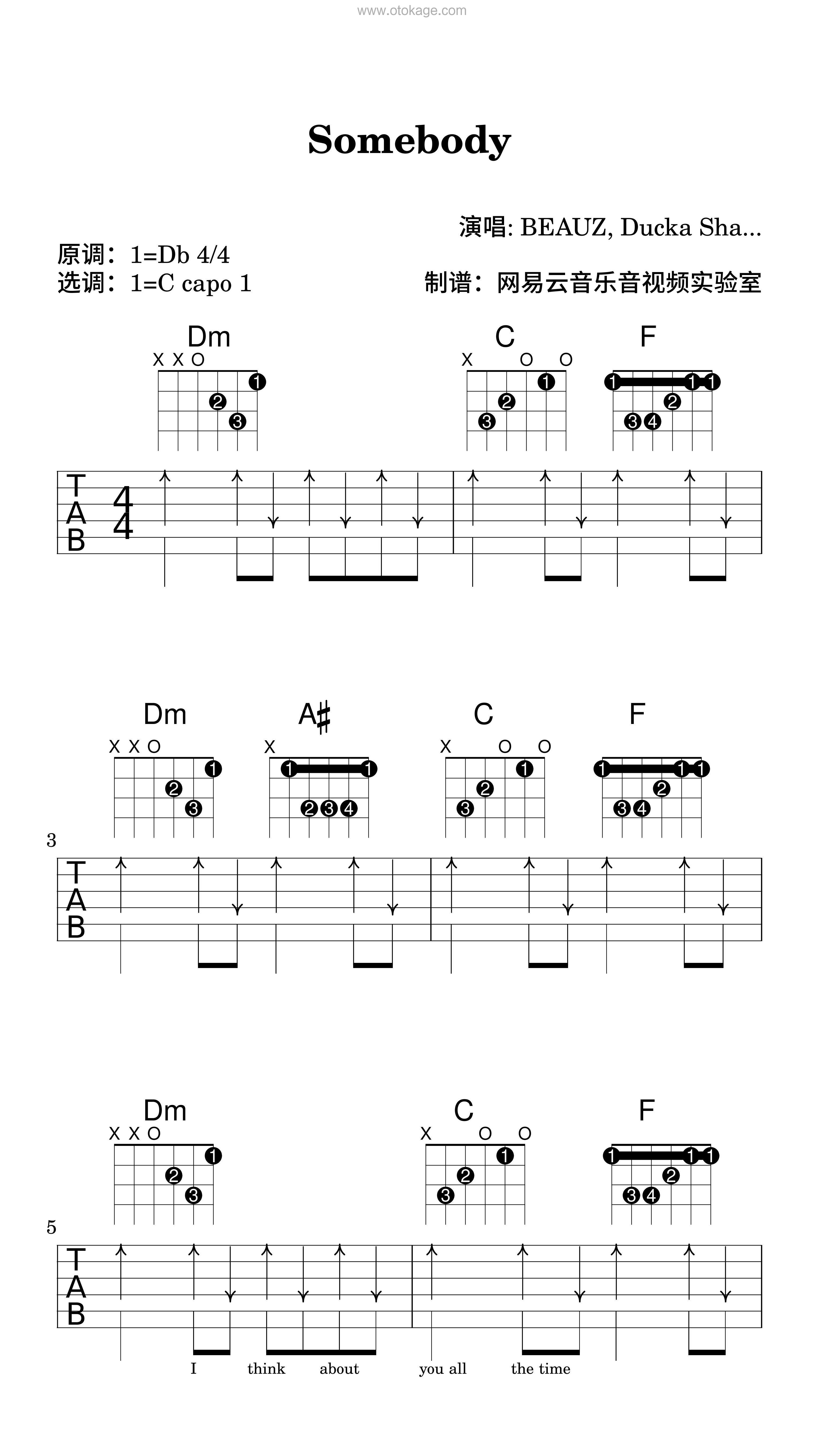 BEAUZ,Ducka Shan《Somebody吉他谱》降D调_音色纯净通透