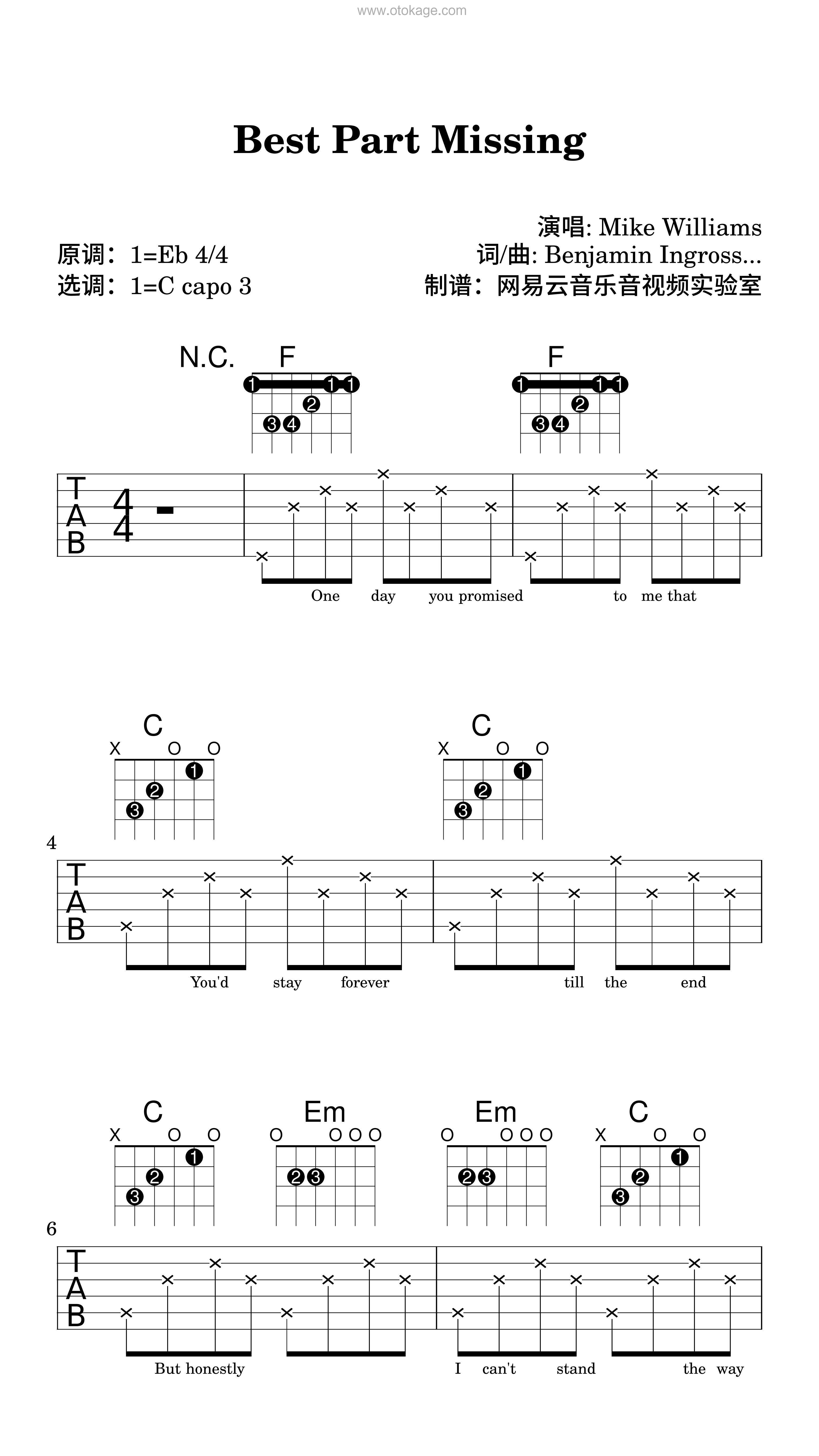 Mike Williams《Best Part Missing吉他谱》降E调_编曲大气磅礴