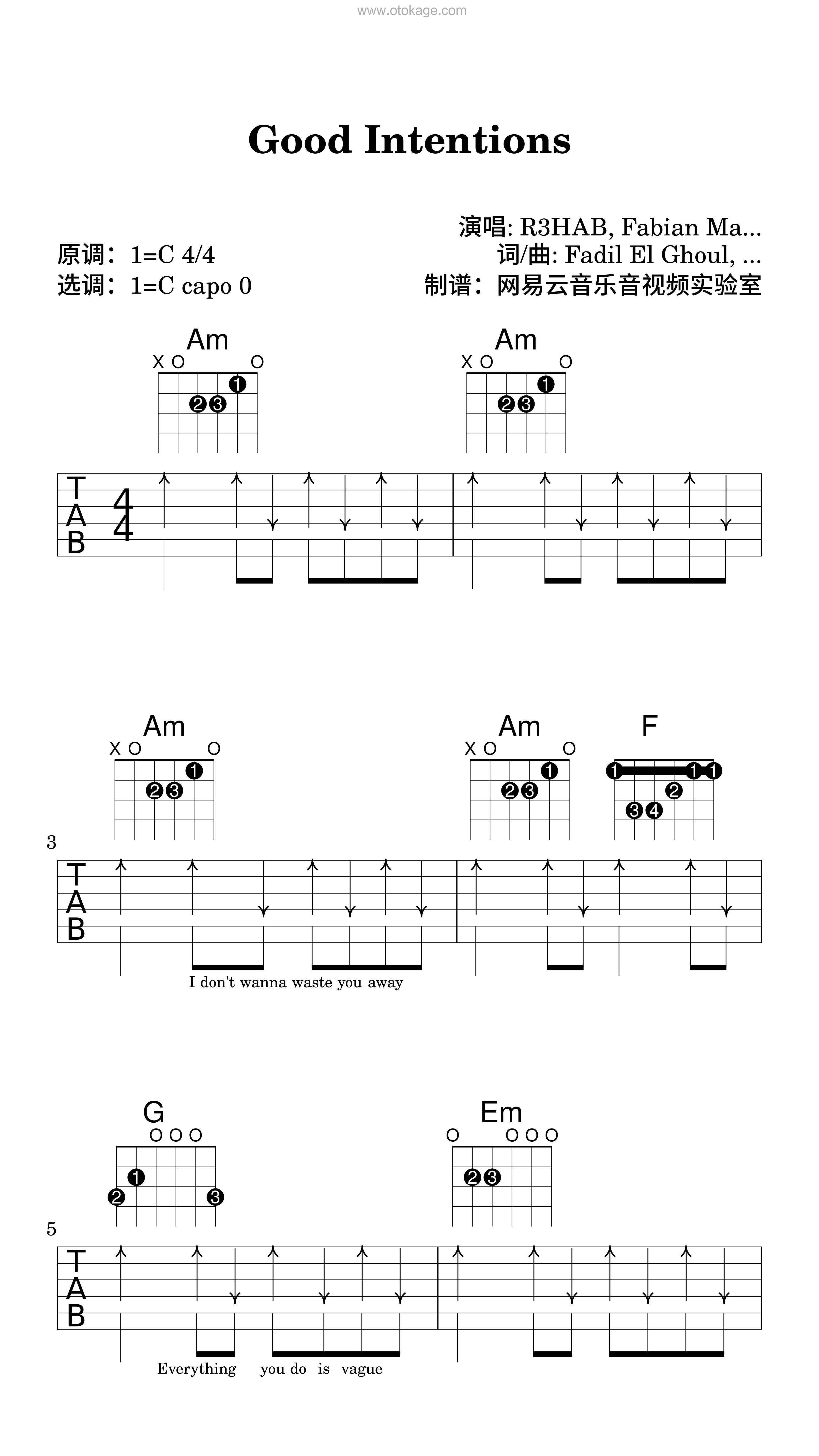 R3HAB,Fabian Mazur《Good Intentions吉他谱》C调_旋律如诗如画