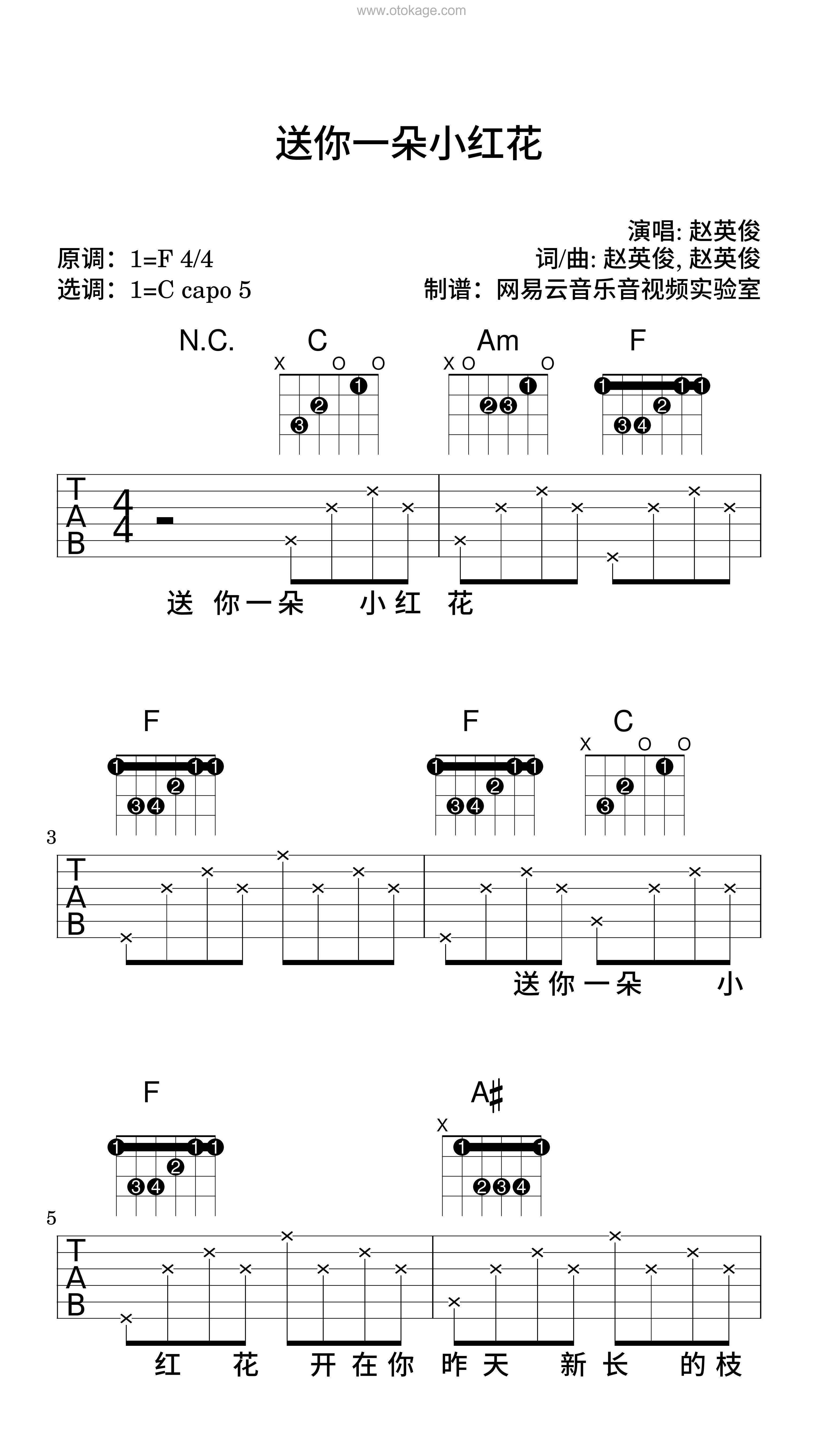 赵英俊《送你一朵小红花吉他谱》F调_旋律充满温情