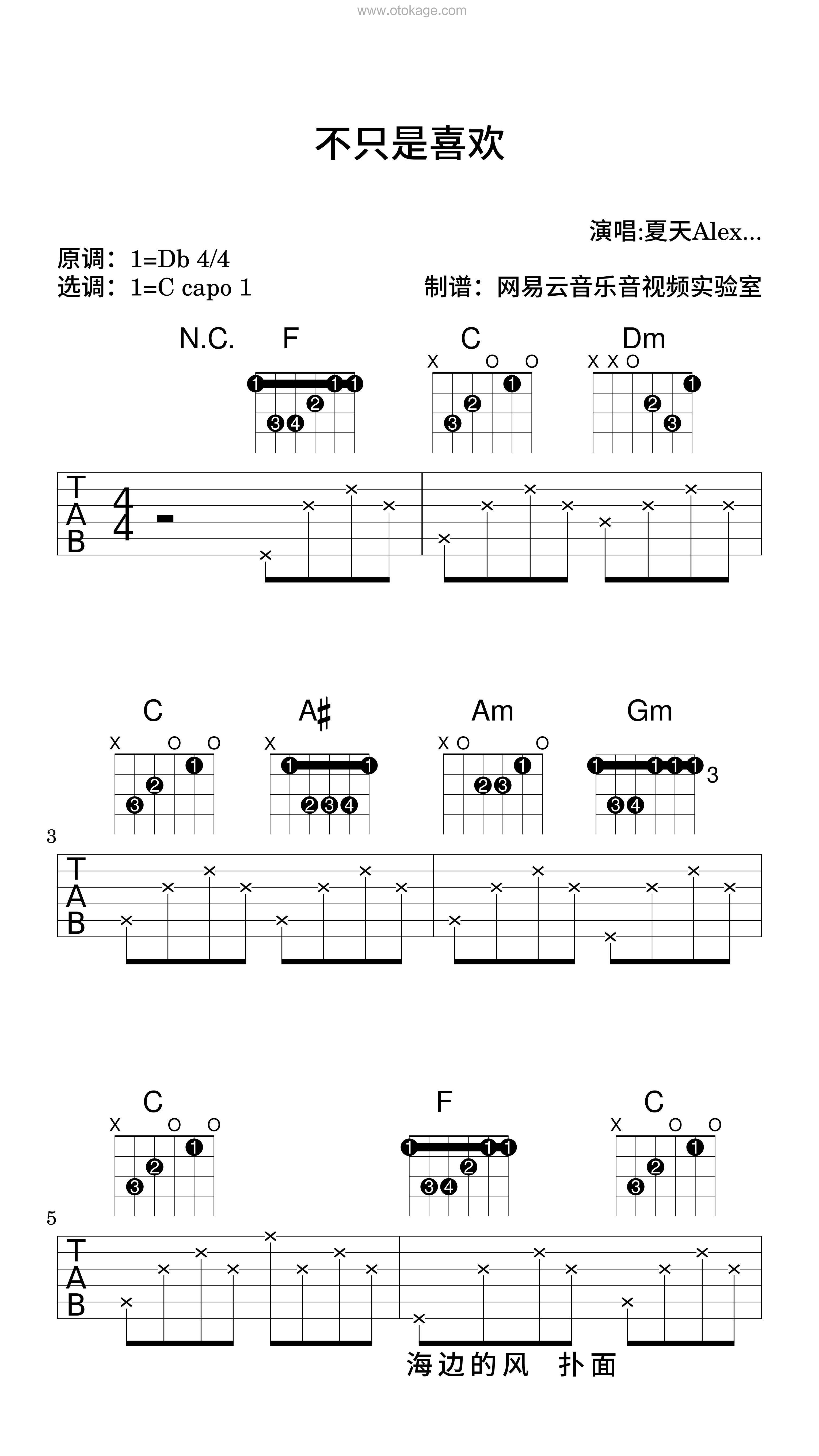 夏天Alex《不只是喜欢吉他谱》降D调_旋律沁人心田