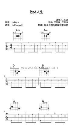 汪苏泷《软体人生吉他谱》D调_音符轻柔抚慰心灵