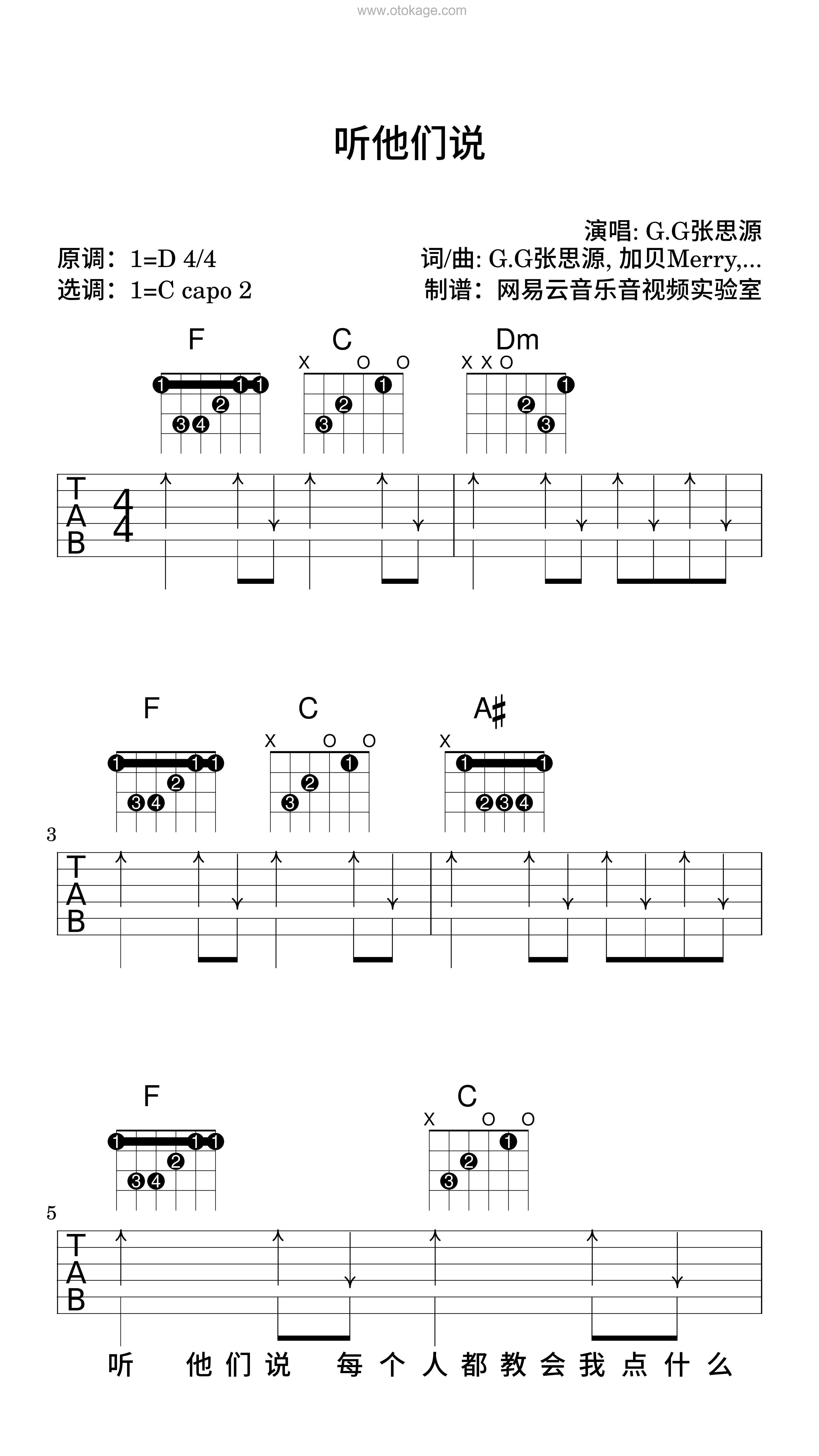 G.G张思源《听他们说吉他谱》D调_节奏带动情绪