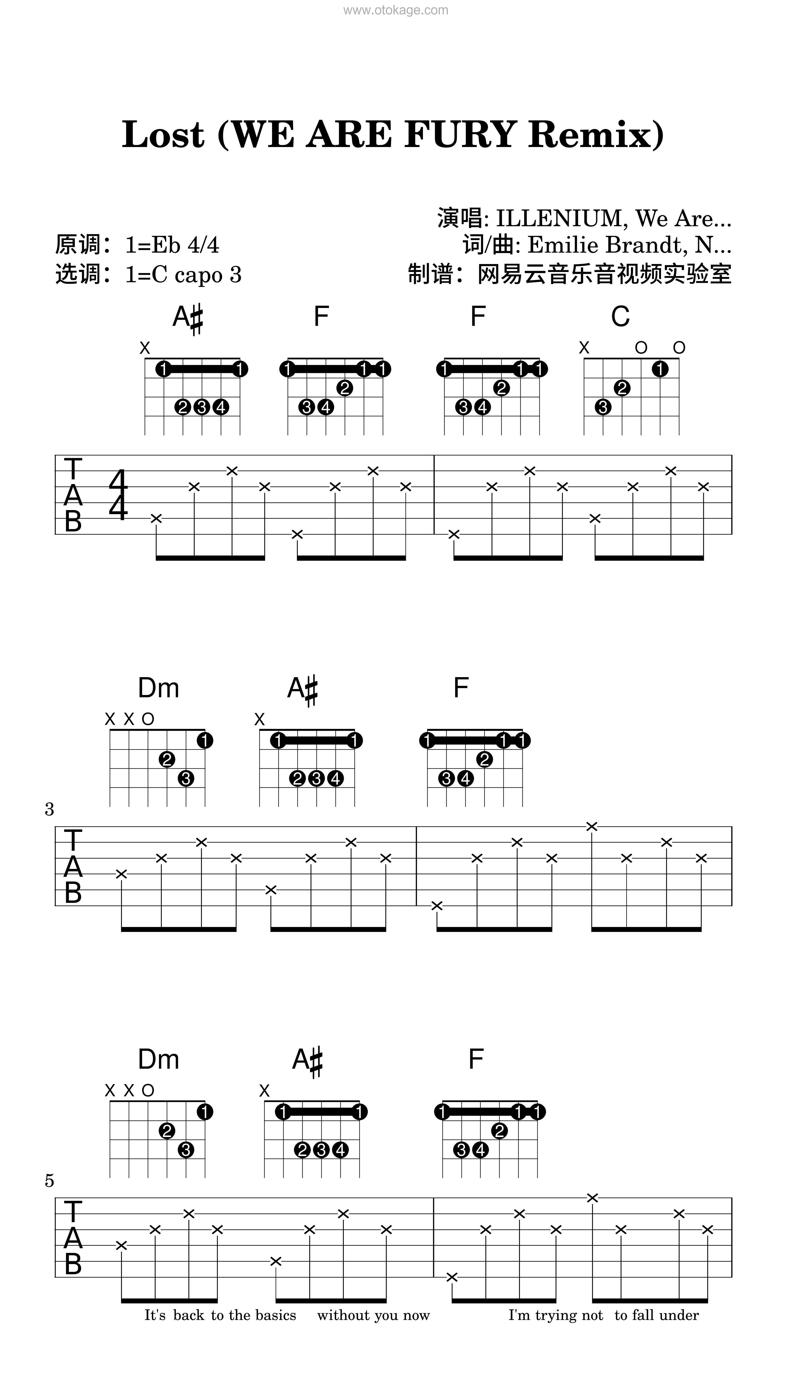 ILLENIUM,WE ARE FURY《Lost (WE ARE FURY Remix)吉他谱》降E调_音符跳动如心跳