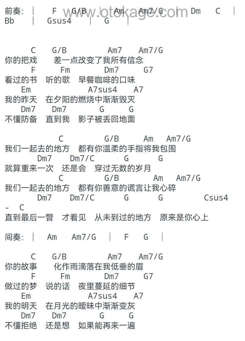 王心凌《从未到过的地方吉他谱》C调_音符带着感情跳动