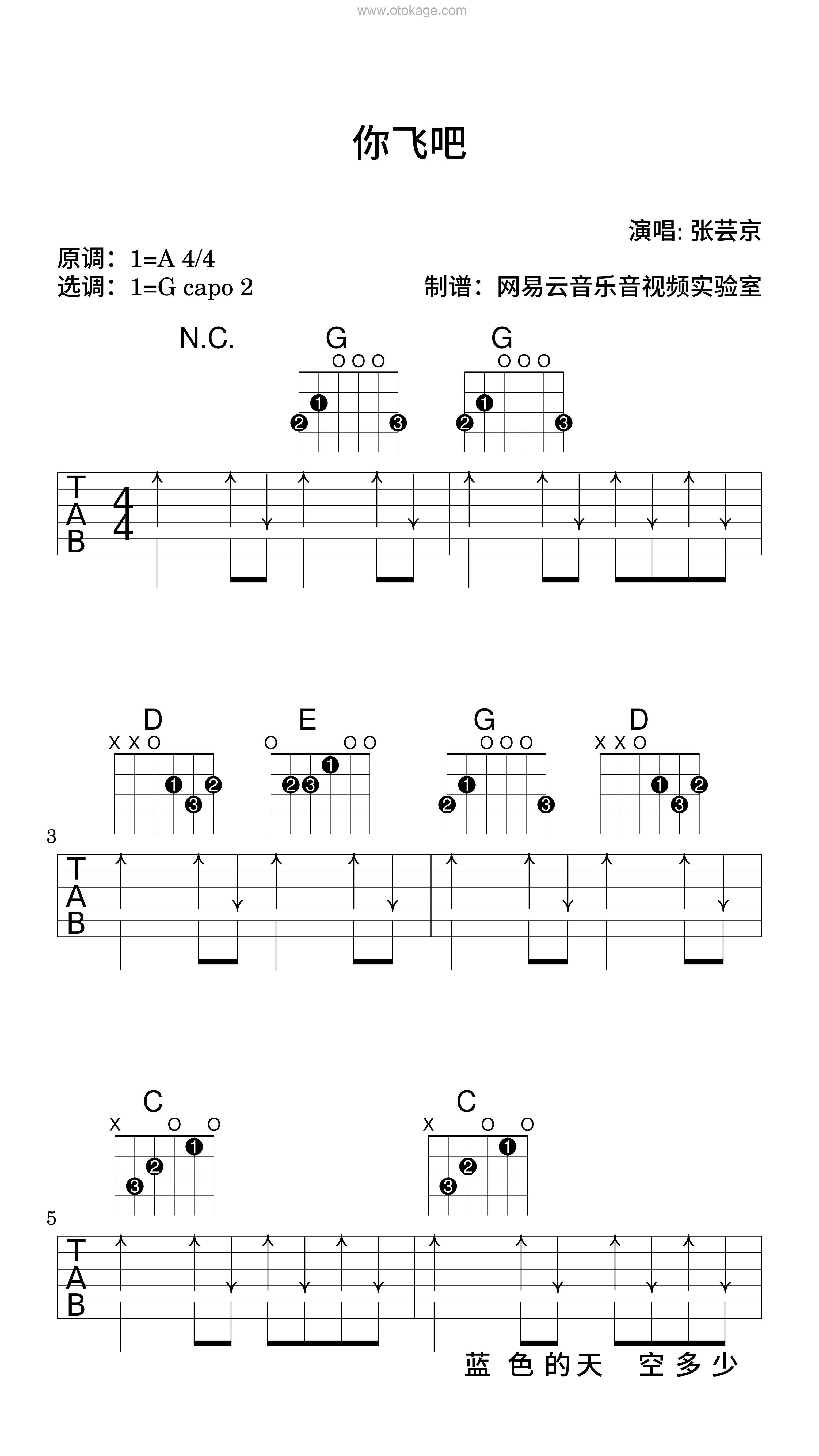 张芸京《你飞吧吉他谱》A调_旋律深刻动人