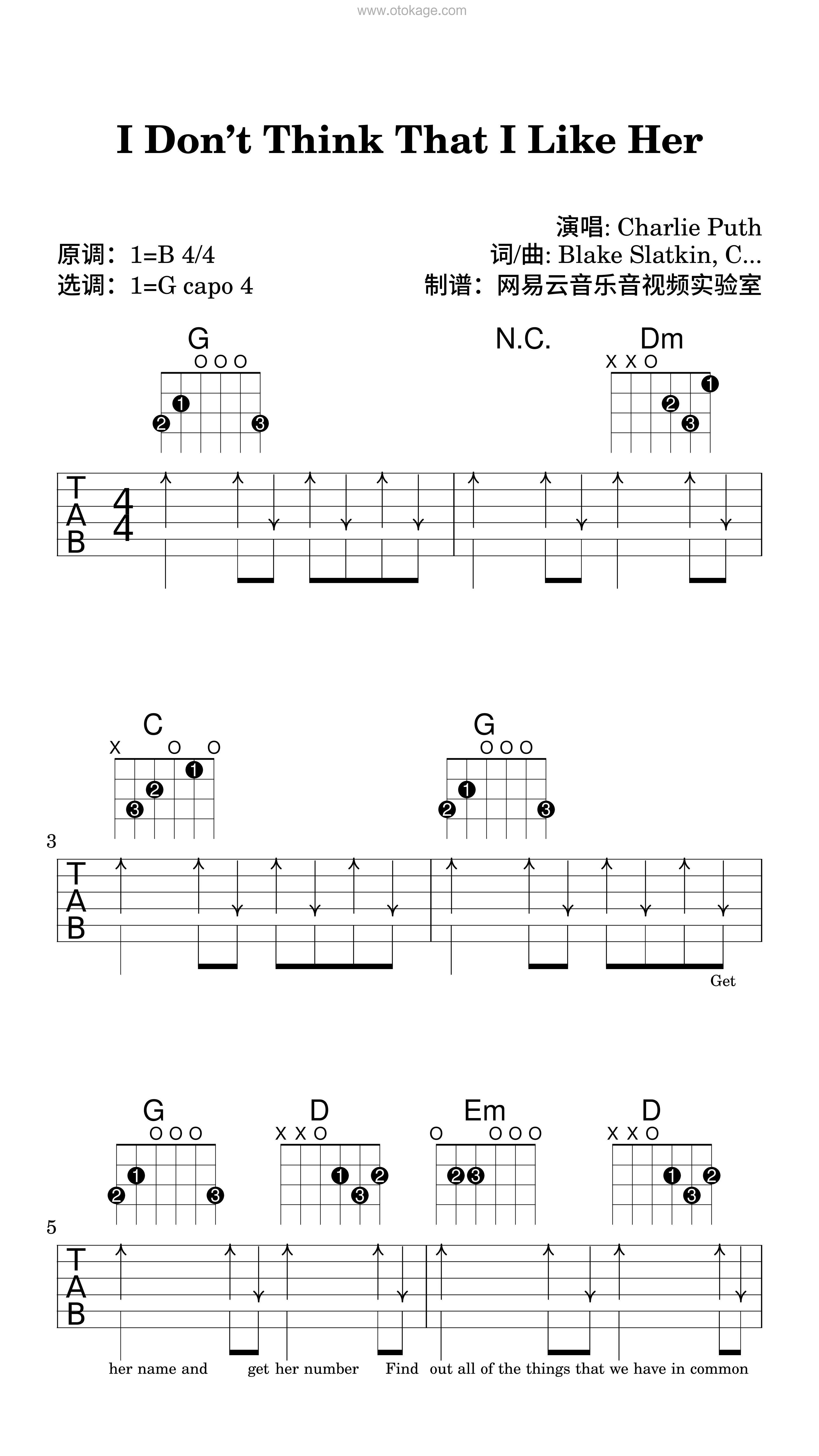 Charlie Puth《I Don’t Think That I Like Her吉他谱》B调_音乐沁人心扉