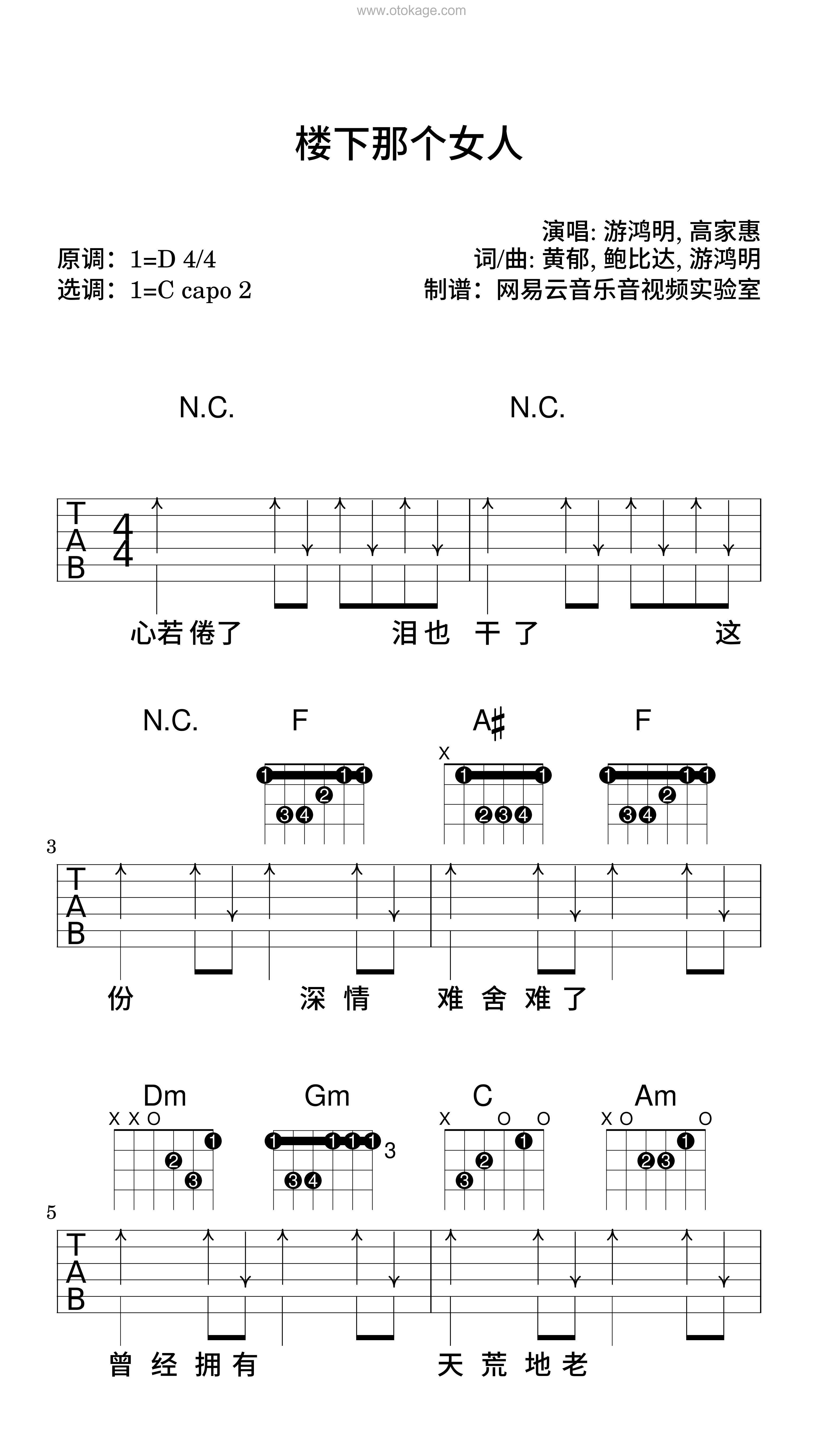 游鸿明,高家惠《楼下那个女人吉他谱》D调_完美编曲设计