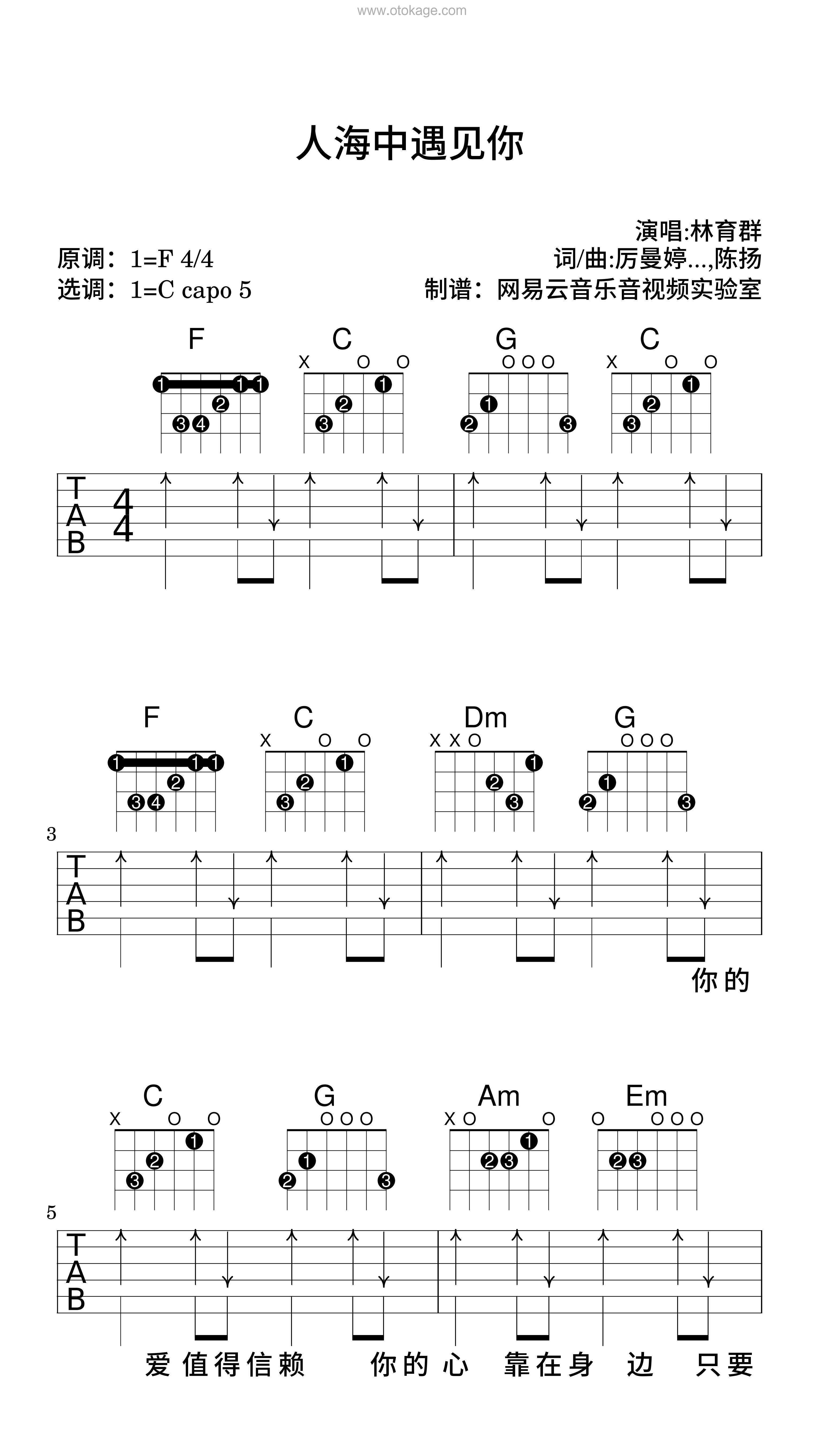 林育群《人海中遇见你吉他谱》F调_完美的音乐流动