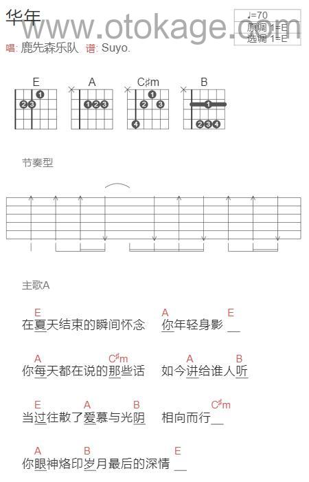 鹿先森乐队《华年吉他谱》E调_令人难忘的和声