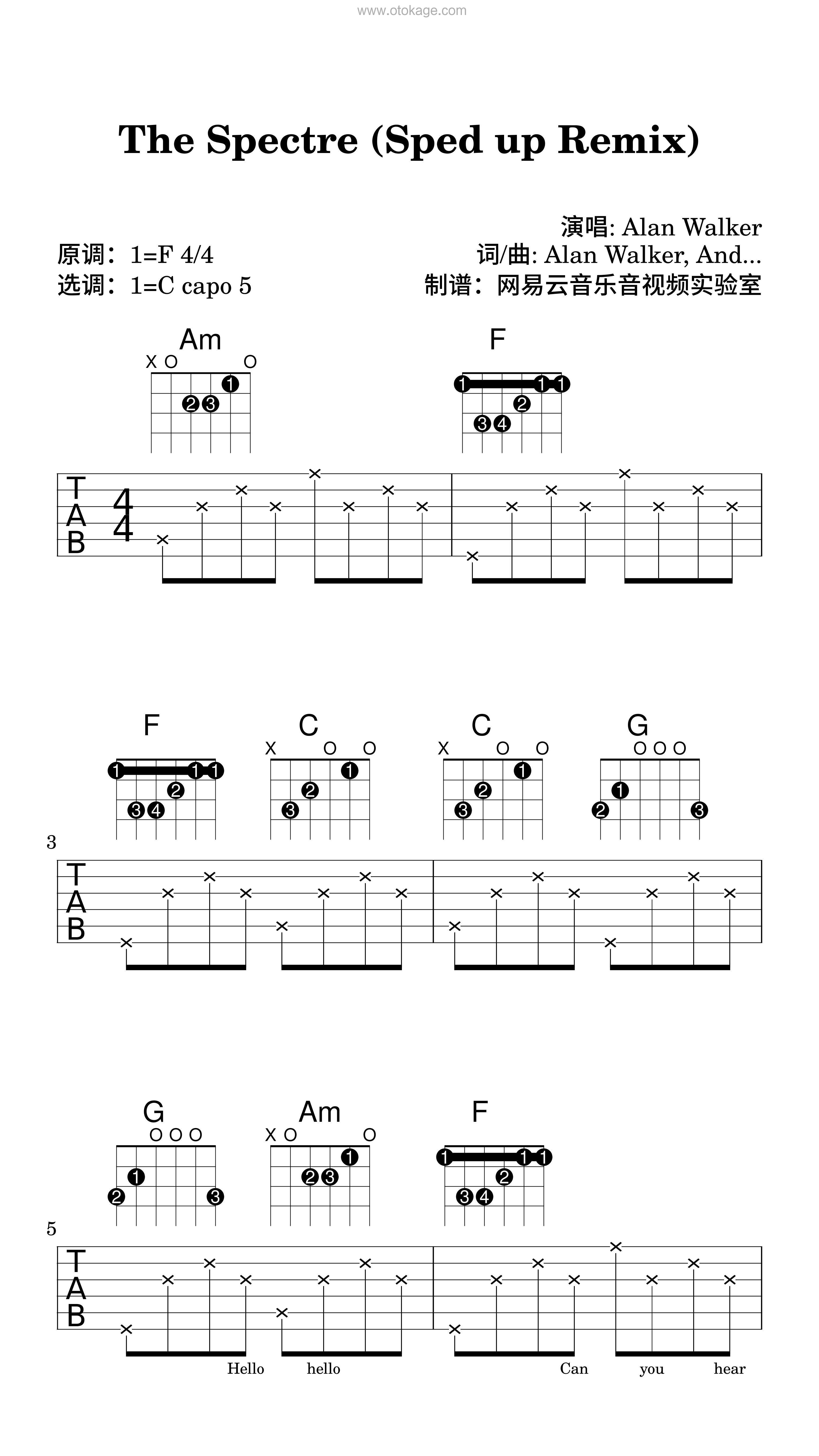 Alan Walker《The Spectre (Sped up Remix)吉他谱》F调_节奏优美迷人