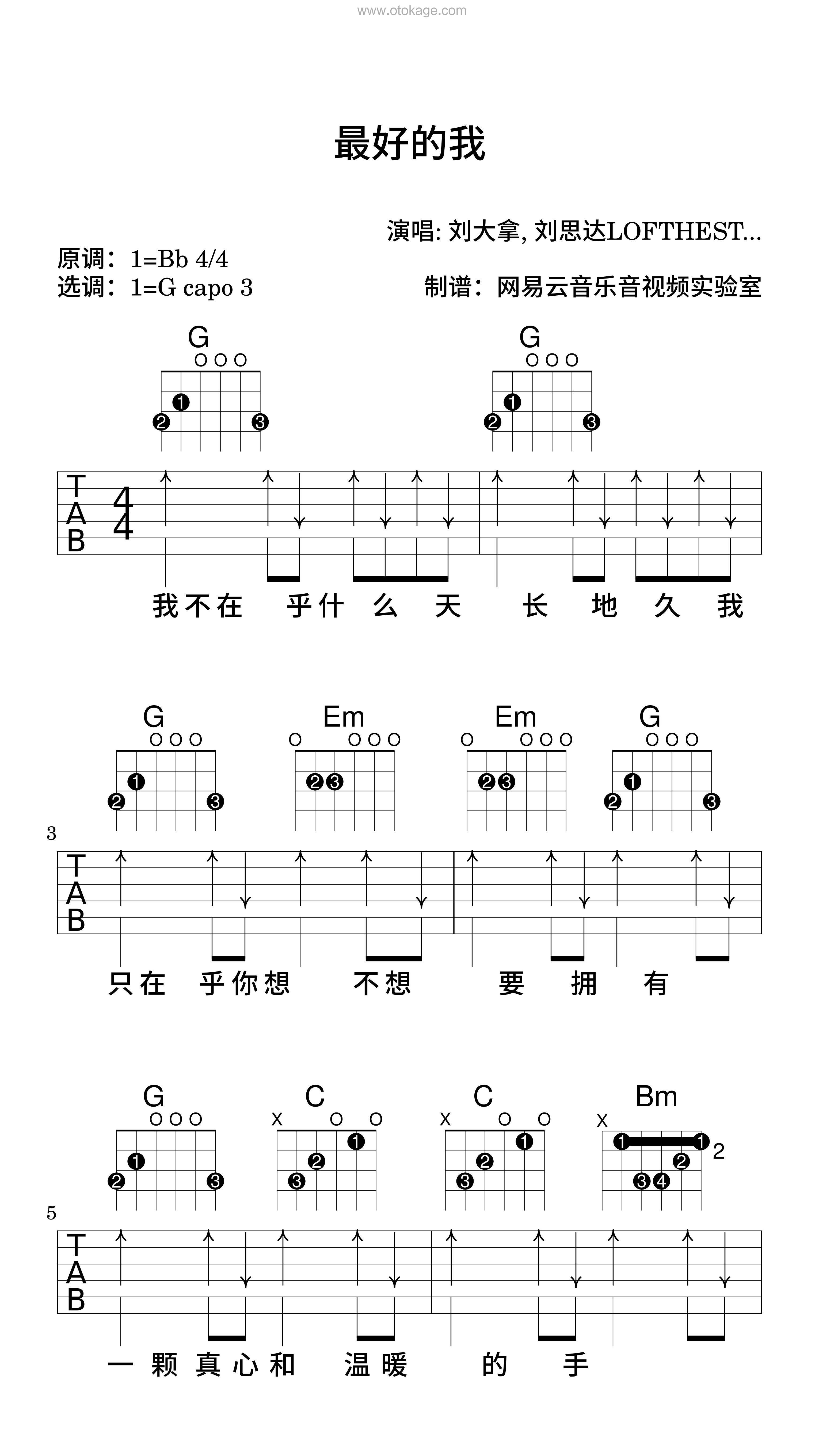 刘大拿,刘思达LOFTHESTAR《最好的我吉他谱》降B调_音符串联情感