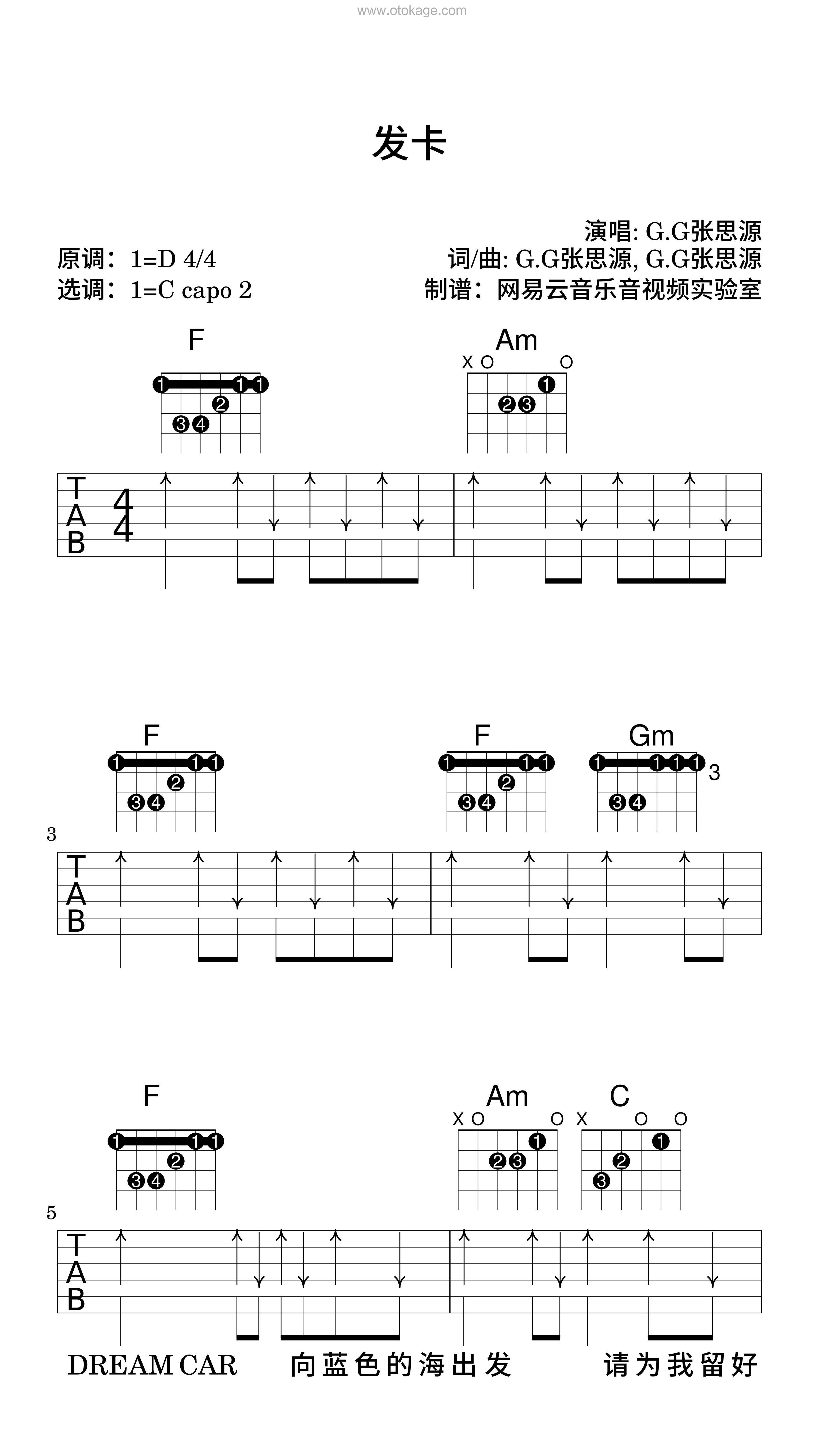 G.G张思源《发卡吉他谱》D调_音符与情感共鸣