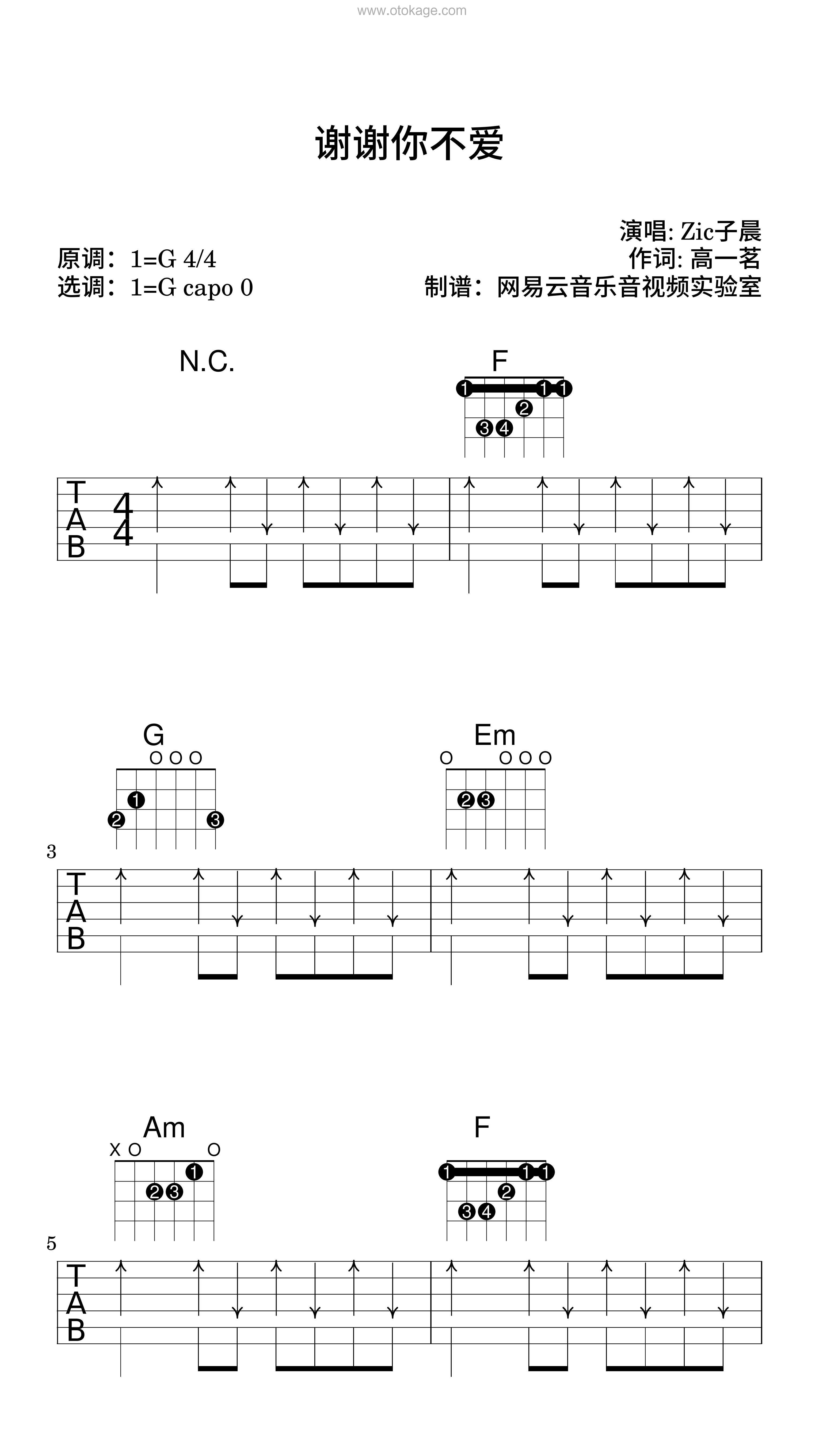 Zic子晨《谢谢你不爱吉他谱》G调_旋律深刻动人