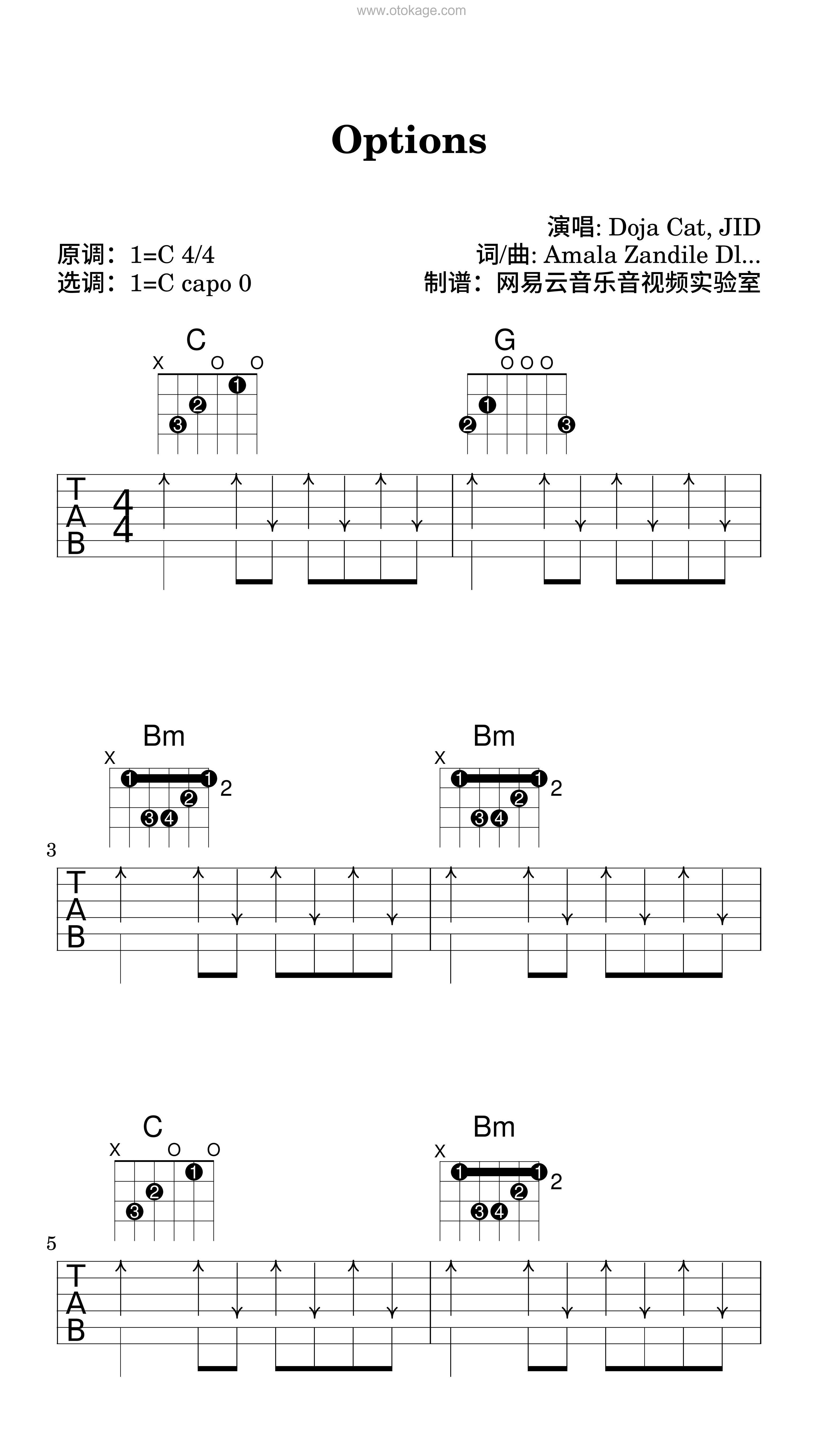 Doja Cat,JID《Options吉他谱》C调_旋律轻松愉快