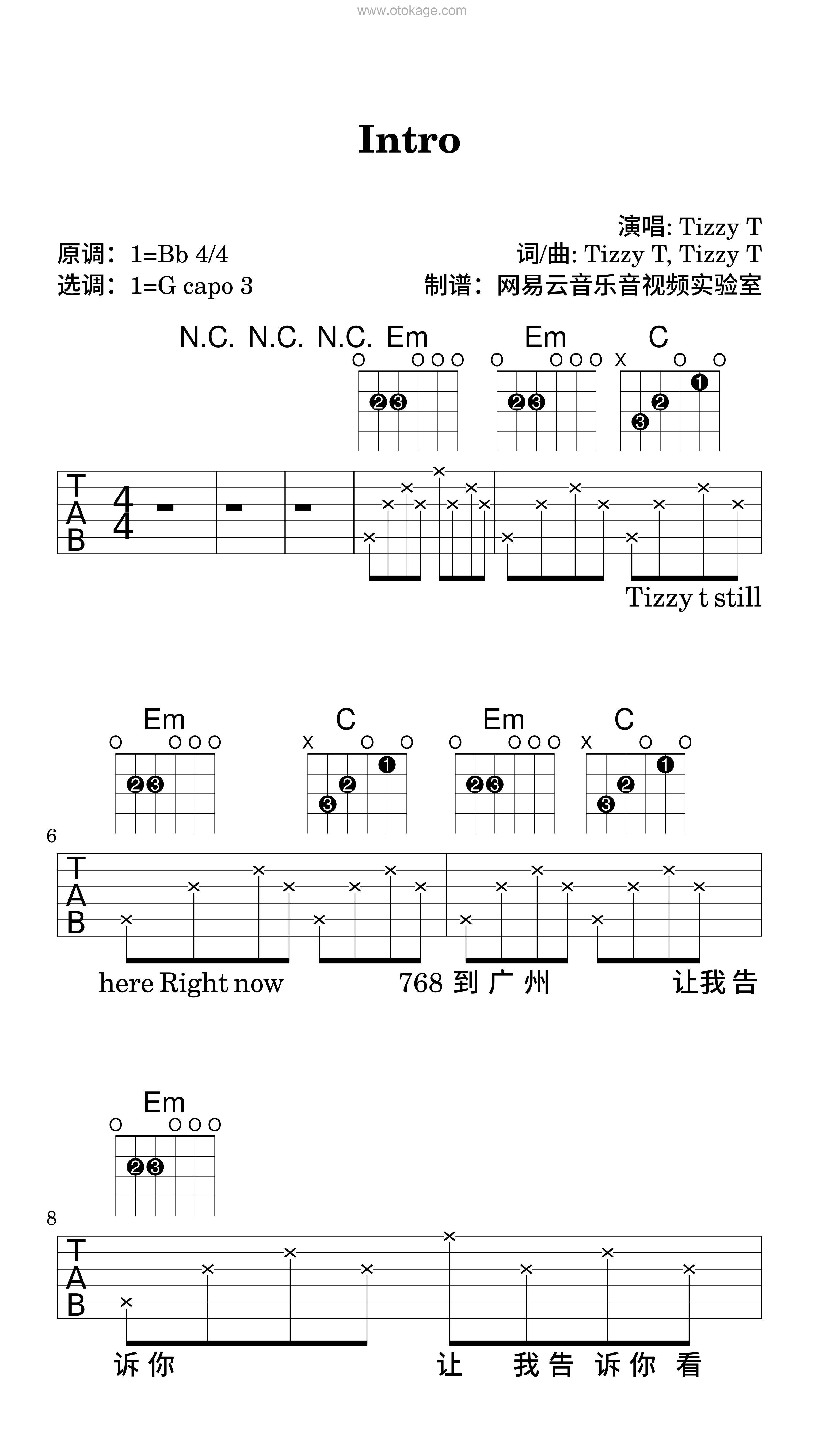 TizzyT《Intro吉他谱》降B调_音符轻柔抚慰心灵