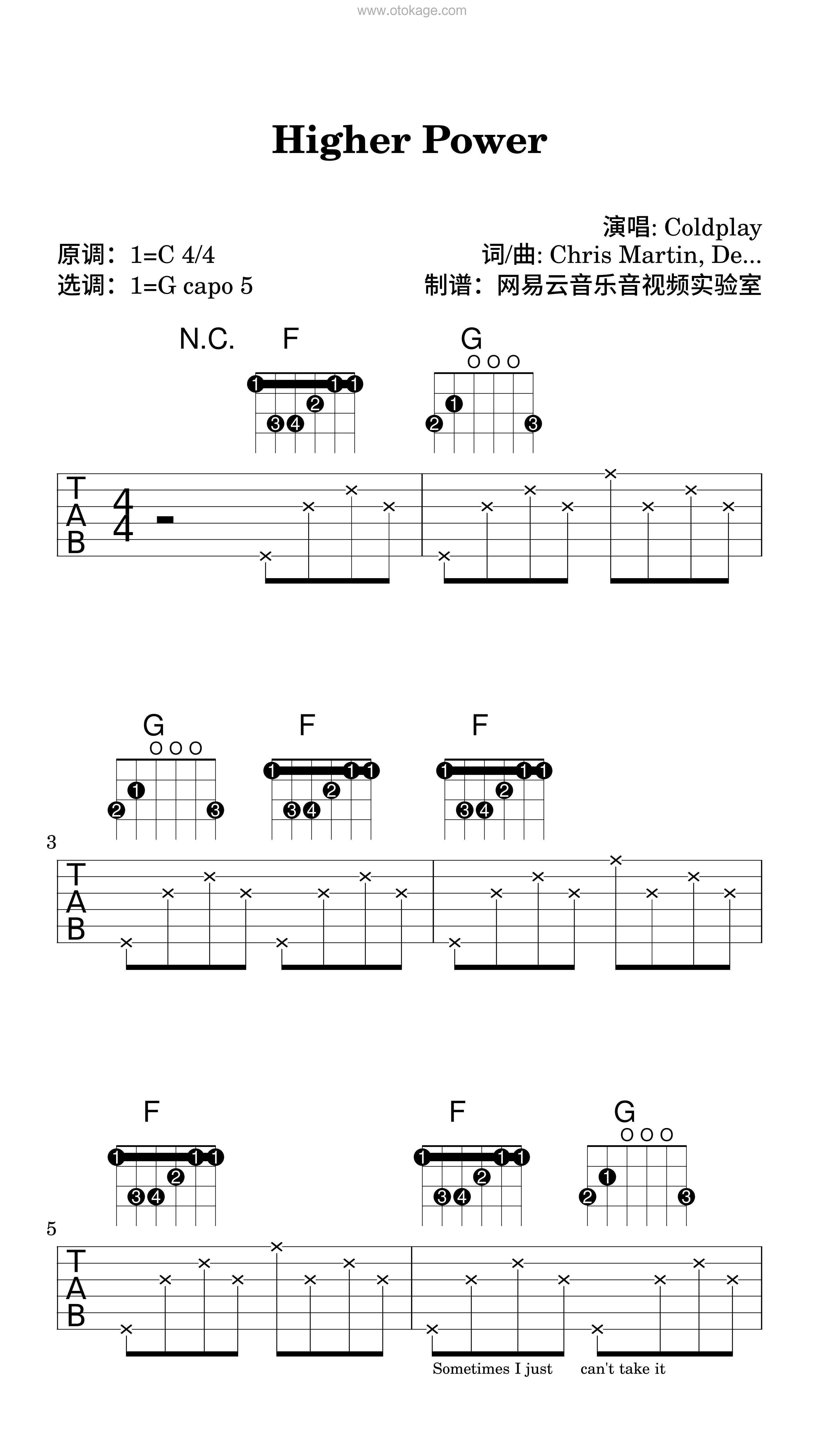 Coldplay《Higher Power吉他谱》C调_编配极具感染力