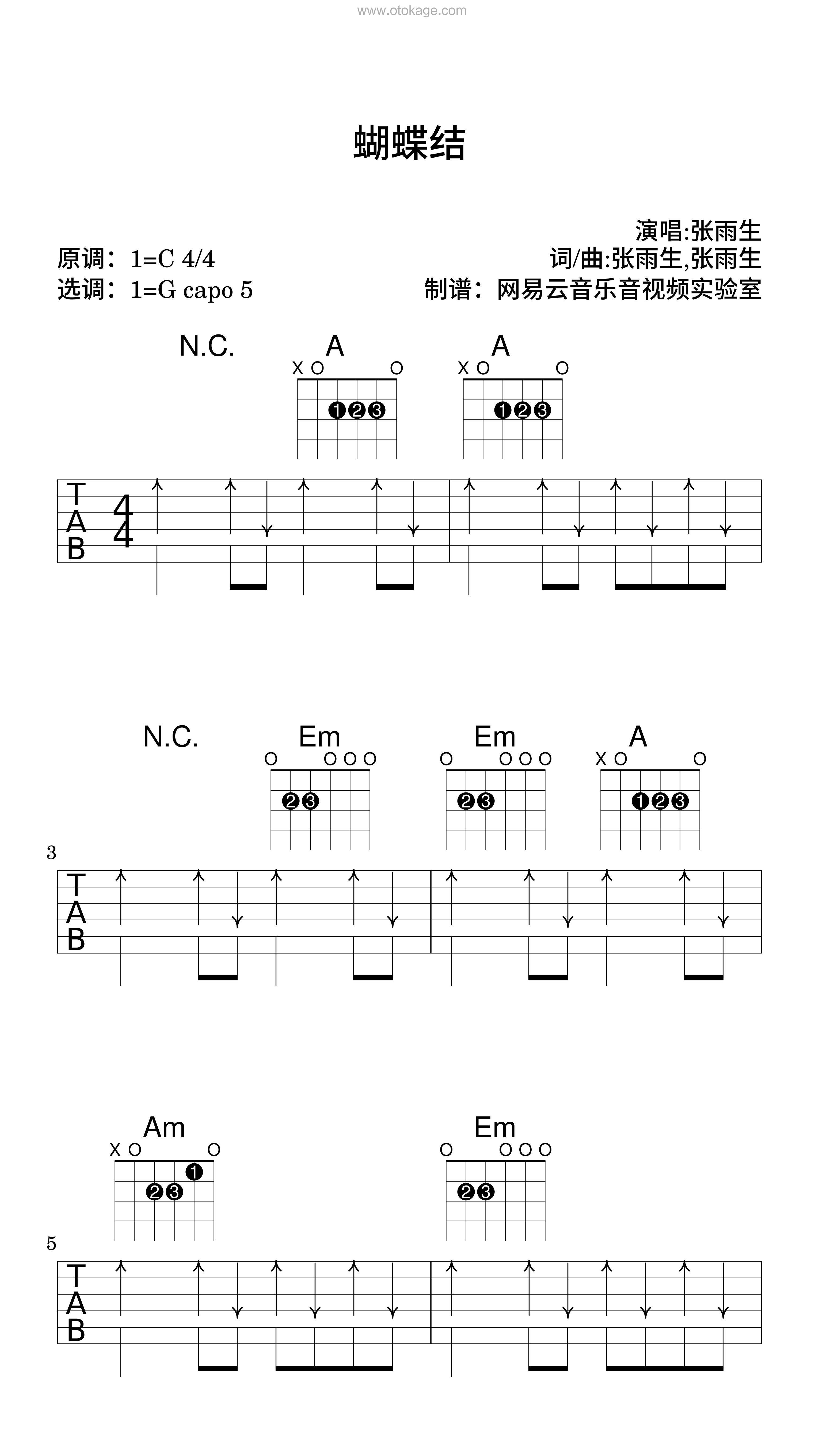 张雨生《蝴蝶结吉他谱》C调_节奏与情感交融