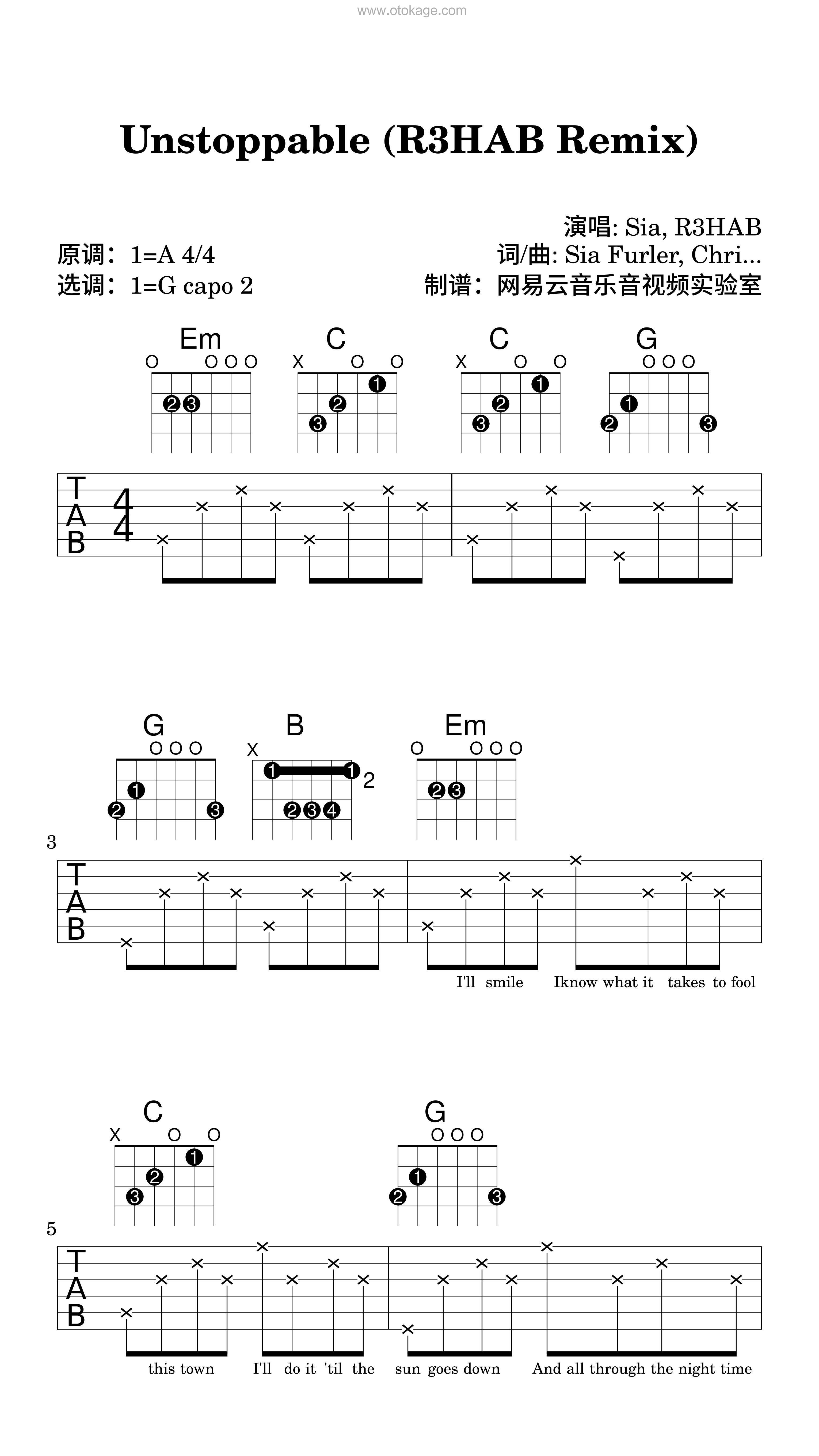 Sia,R3HAB《Unstoppable (R3HAB Remix)吉他谱》A调_旋律缓缓流淌