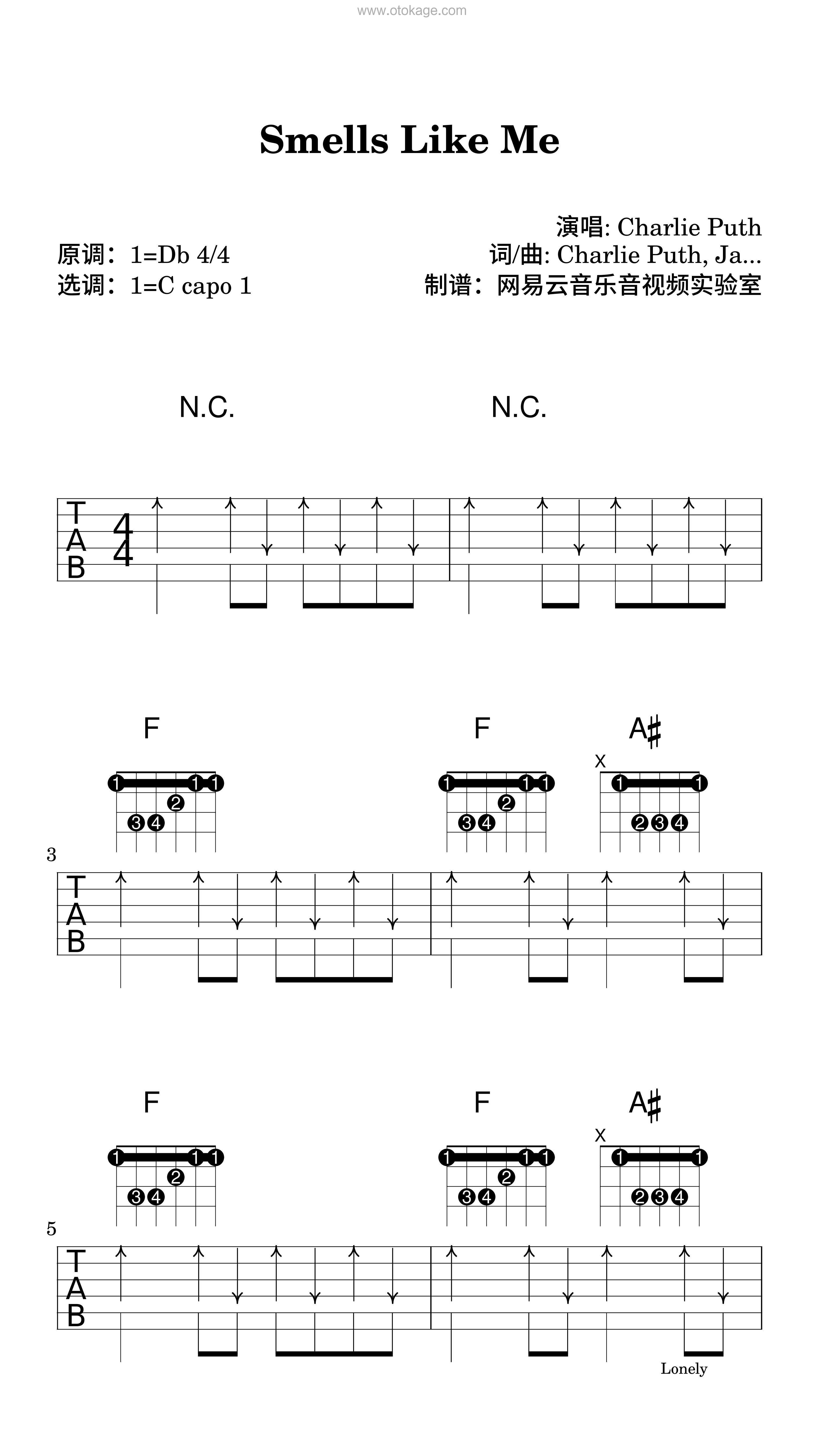Charlie Puth《Smells Like Me吉他谱》降D调_旋律自然流畅