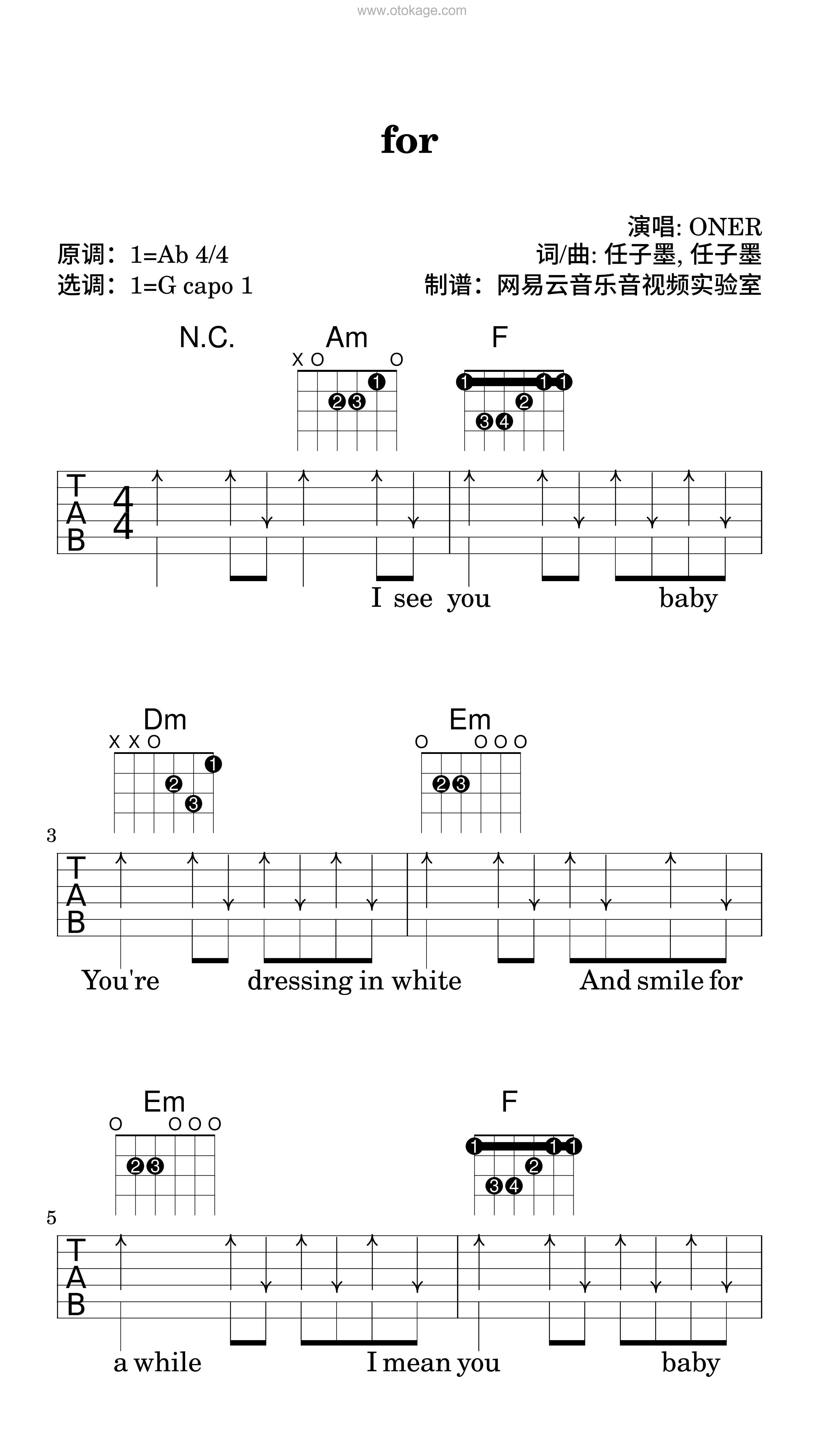 ONER《for吉他谱》降A调_完美编曲设计