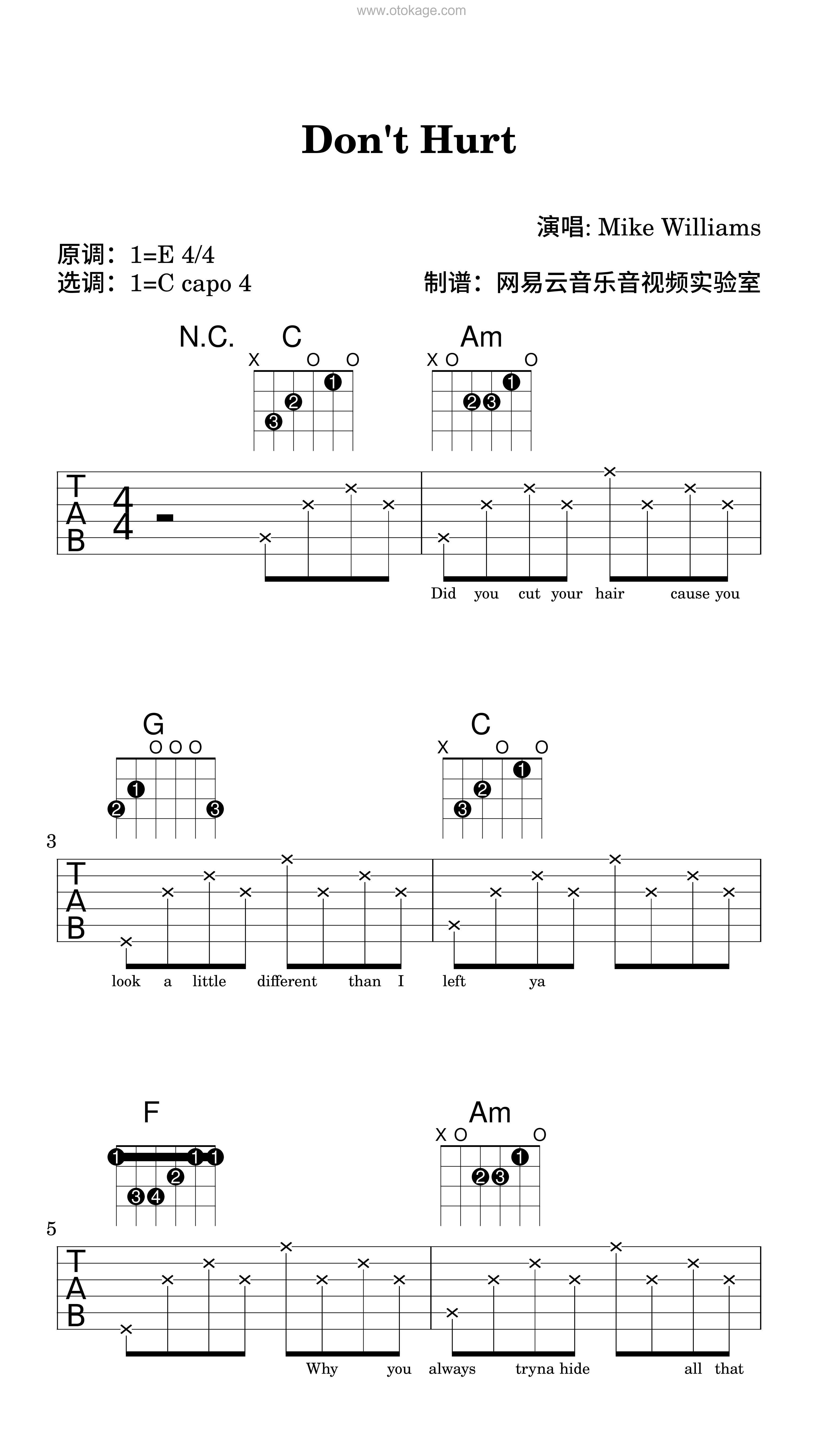 Mike Williams《Don't Hurt吉他谱》E调_节奏轻巧灵动
