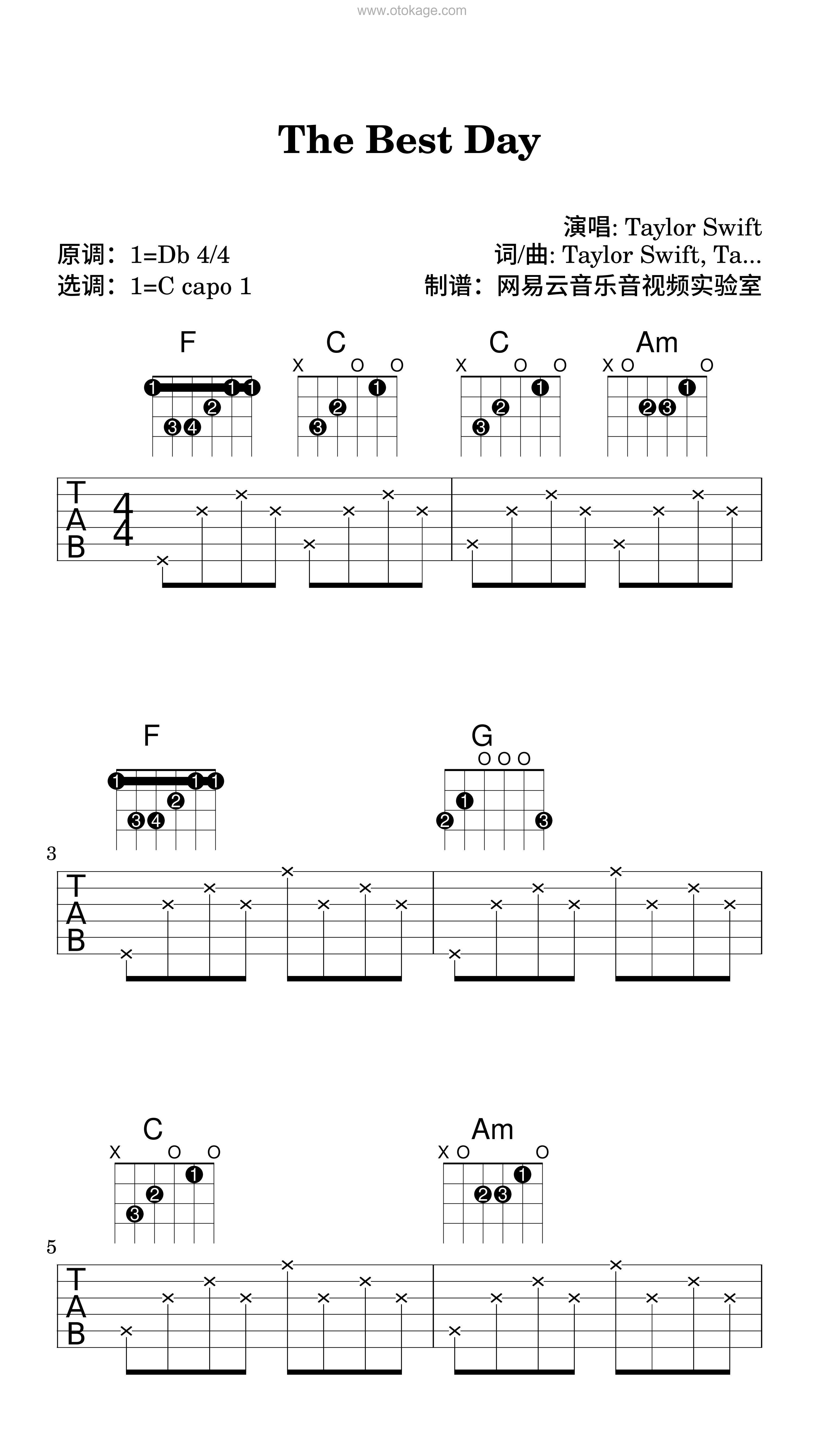 Taylor Swift《The Best Day吉他谱》降D调_完美和声编排