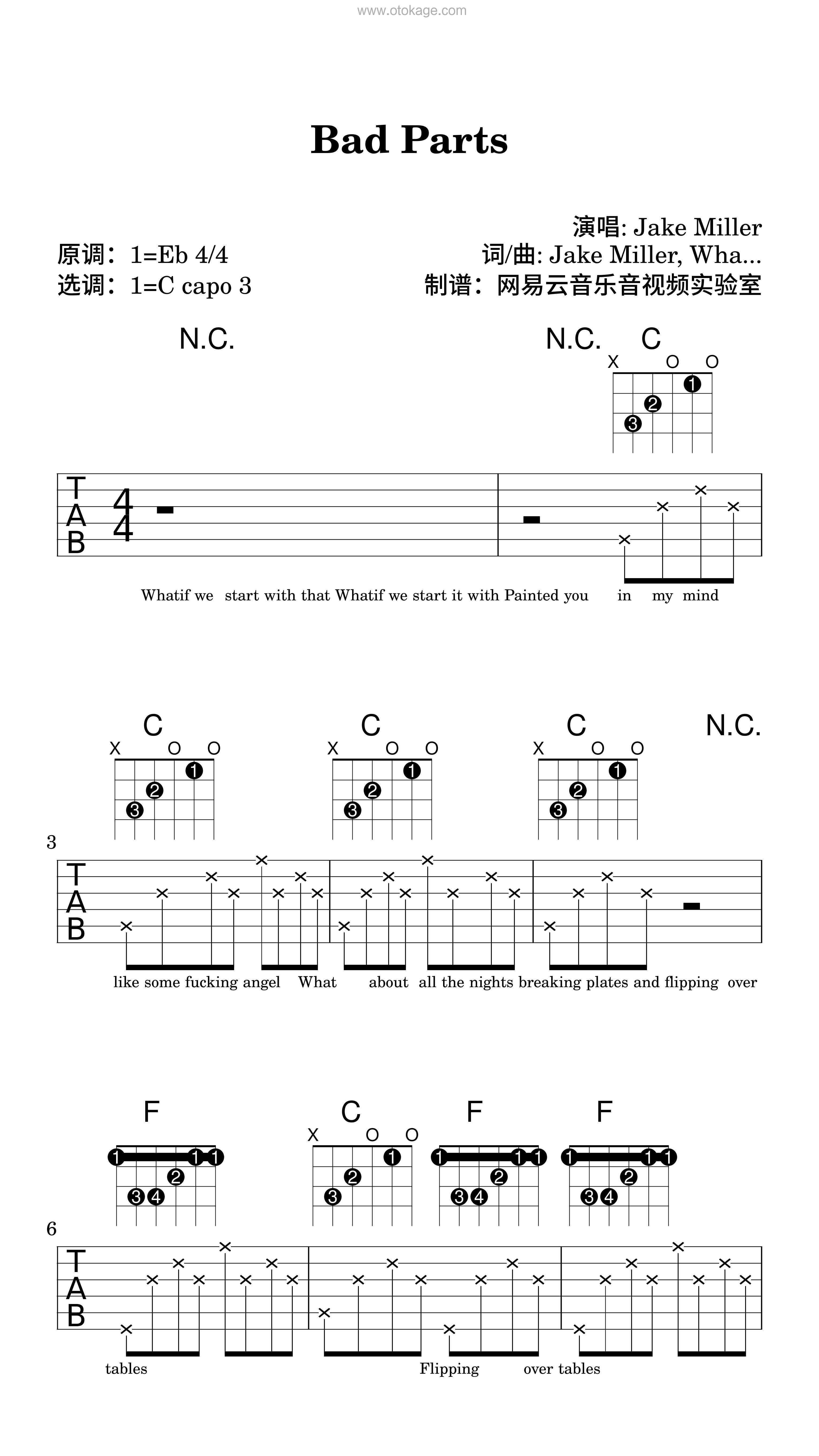 Jake Miller《Bad Parts吉他谱》降E调_编排富有层次感