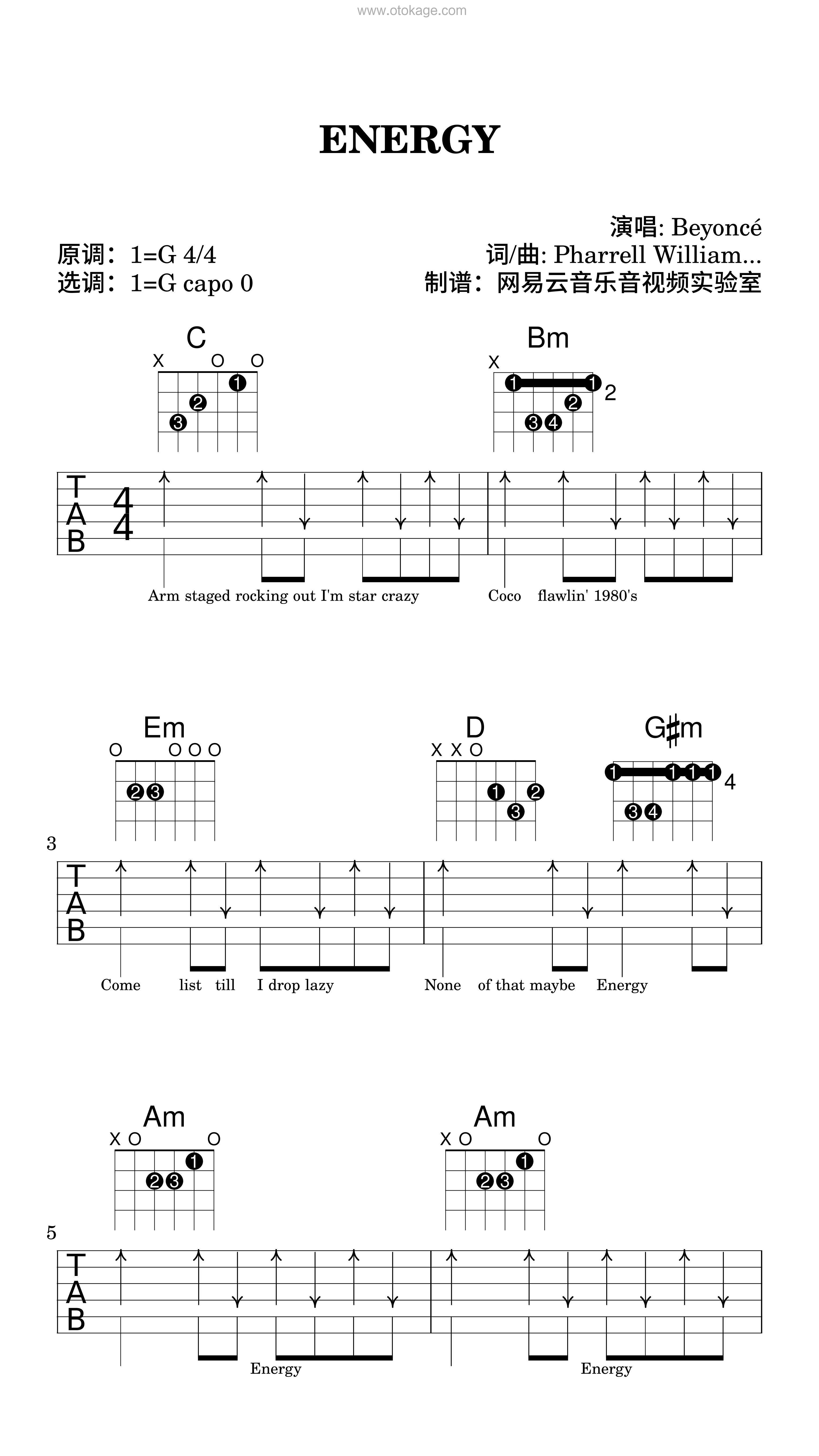 Beyoncé《ENERGY吉他谱》G调_完美的声线搭配