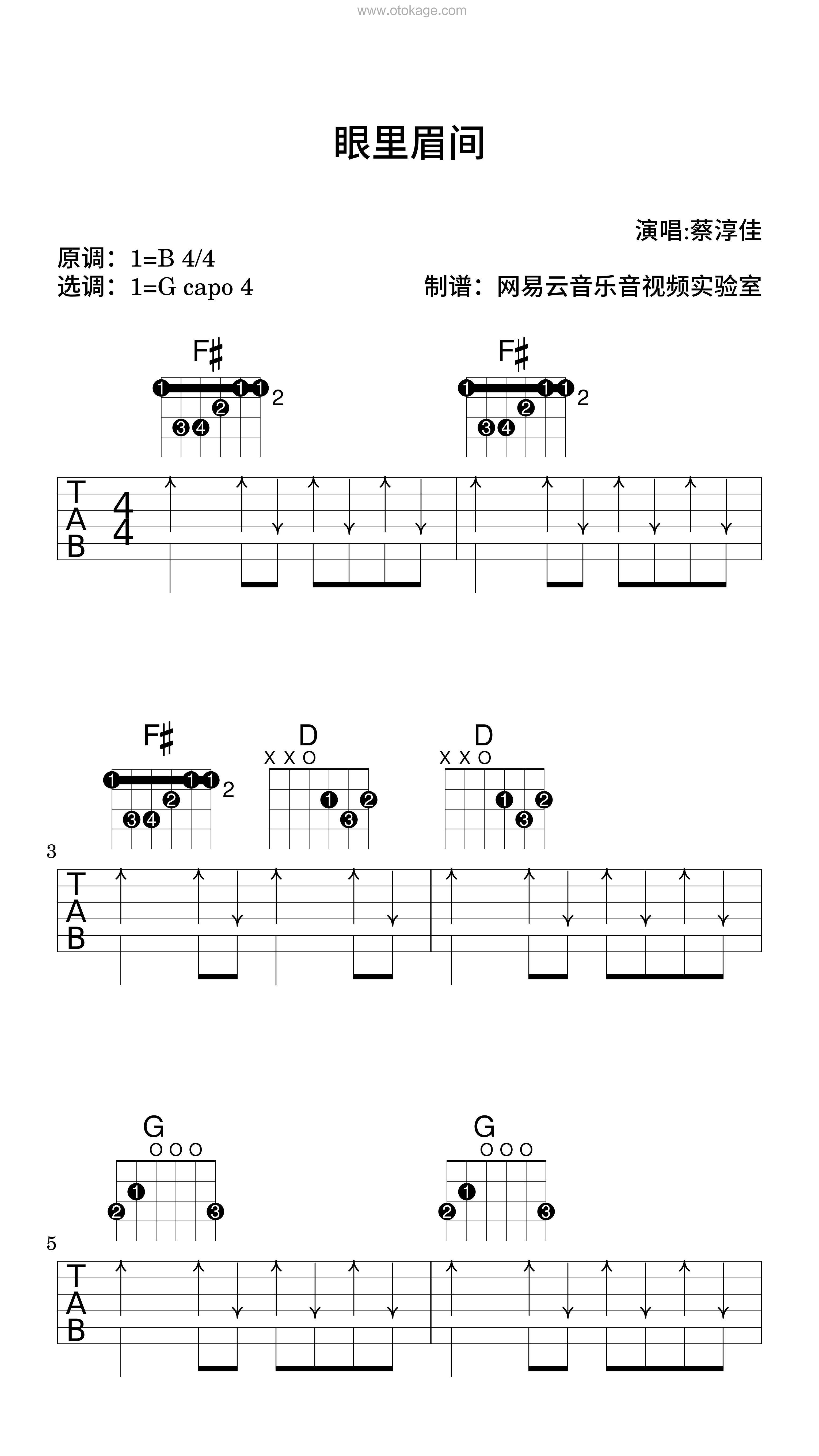蔡淳佳《眼里眉间吉他谱》B调_音符与情感交织